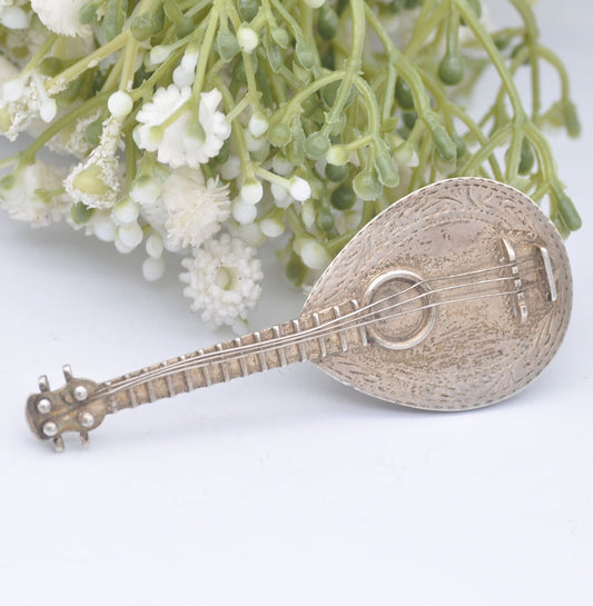 Vintage Sterling Silver Mandolin Trinket Box with Strings - Hand Engraved | Novelty Musical Instrument Collectable
