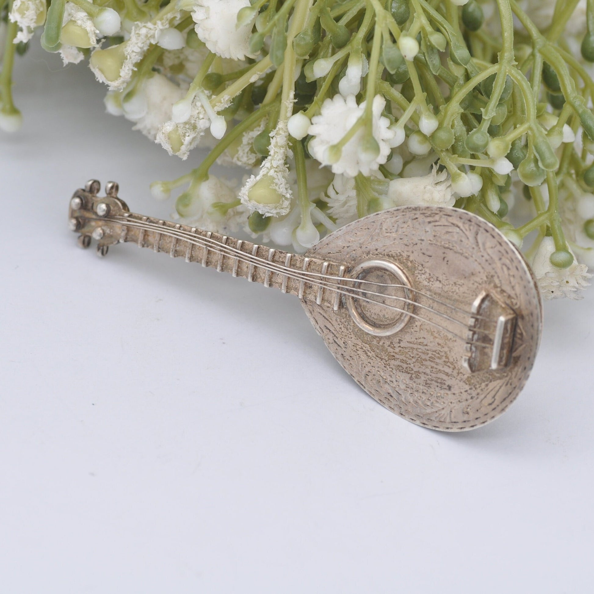 Vintage Sterling Silver Mandolin Trinket Box with Strings - Hand Engraved | Novelty Musical Instrument Collectable