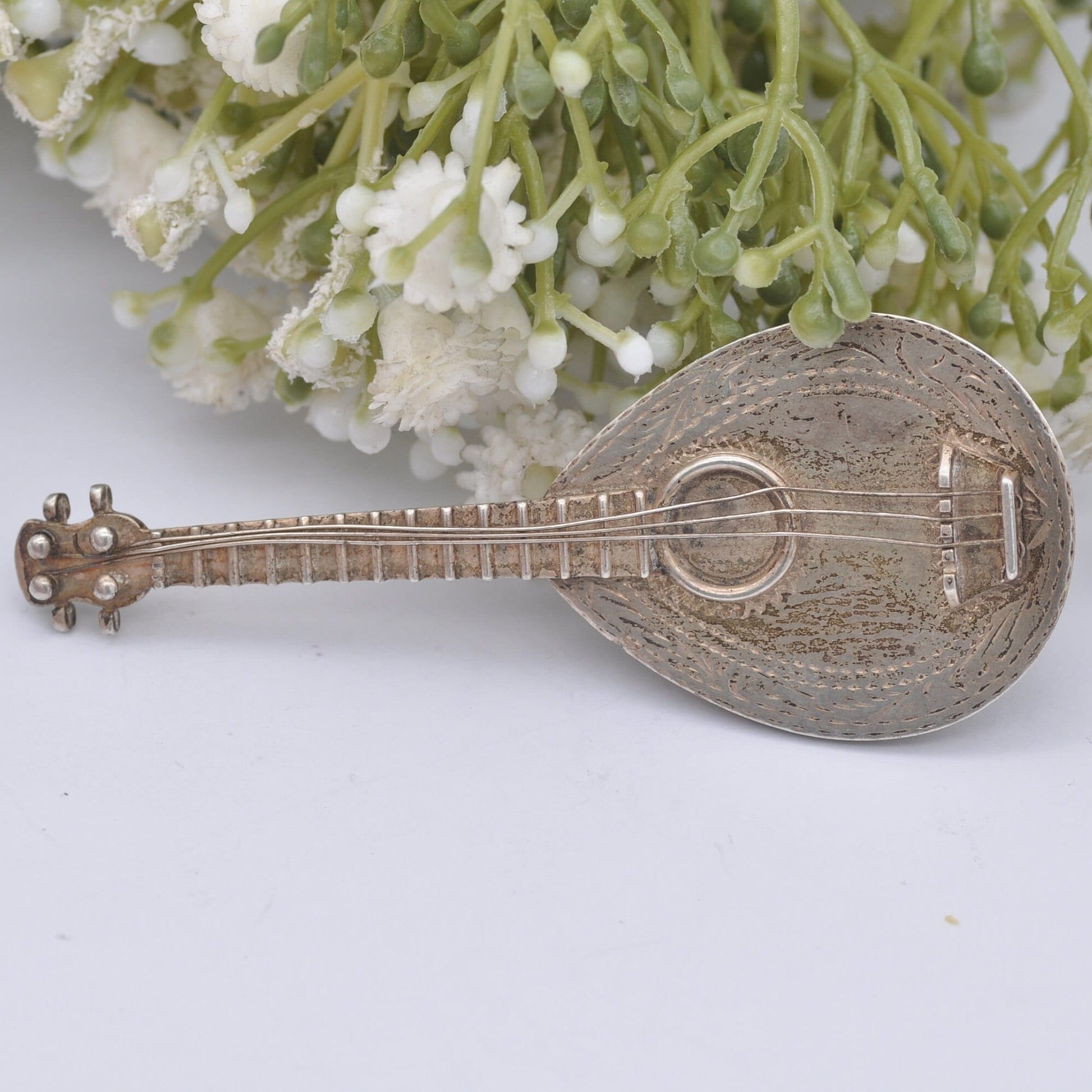 Vintage Sterling Silver Mandolin Trinket Box with Strings - Hand Engraved | Novelty Musical Instrument Collectable