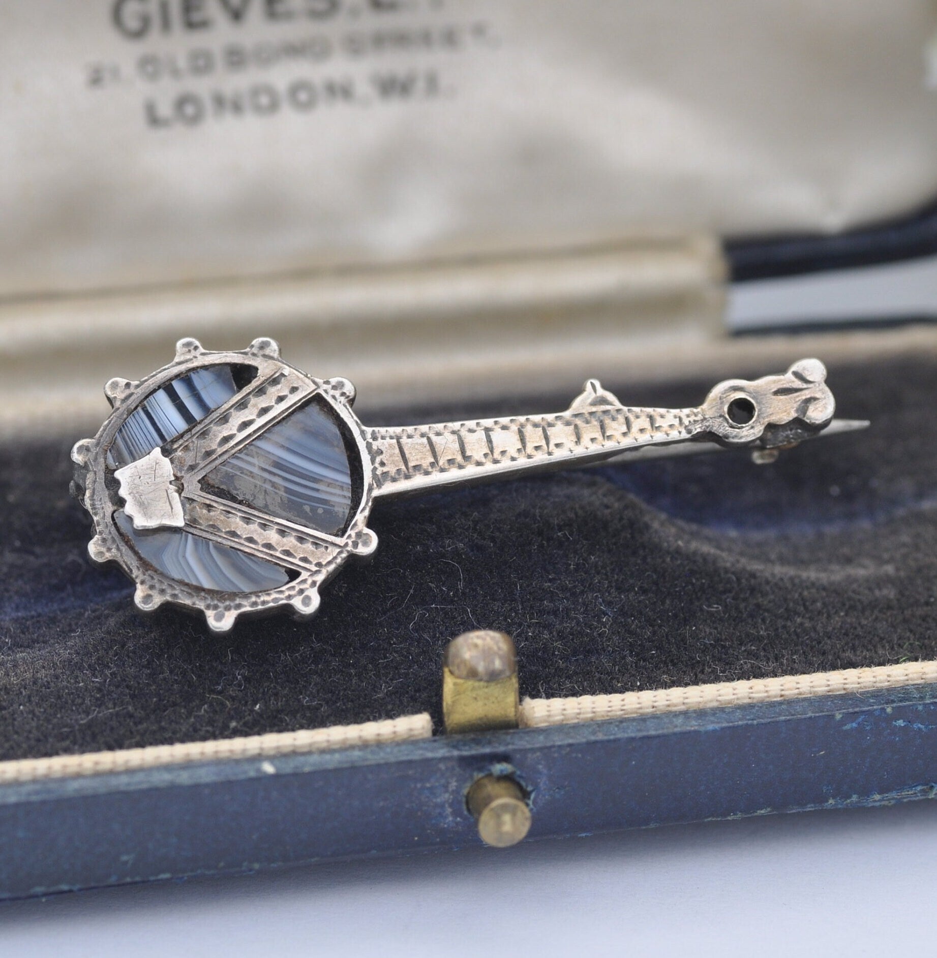 Antique Sterling Silver Agate Banjo Brooch by Adie & Lovekin 1897 - Blue Lace Agate | Novelty Victorian Musical Instrument Jewellery