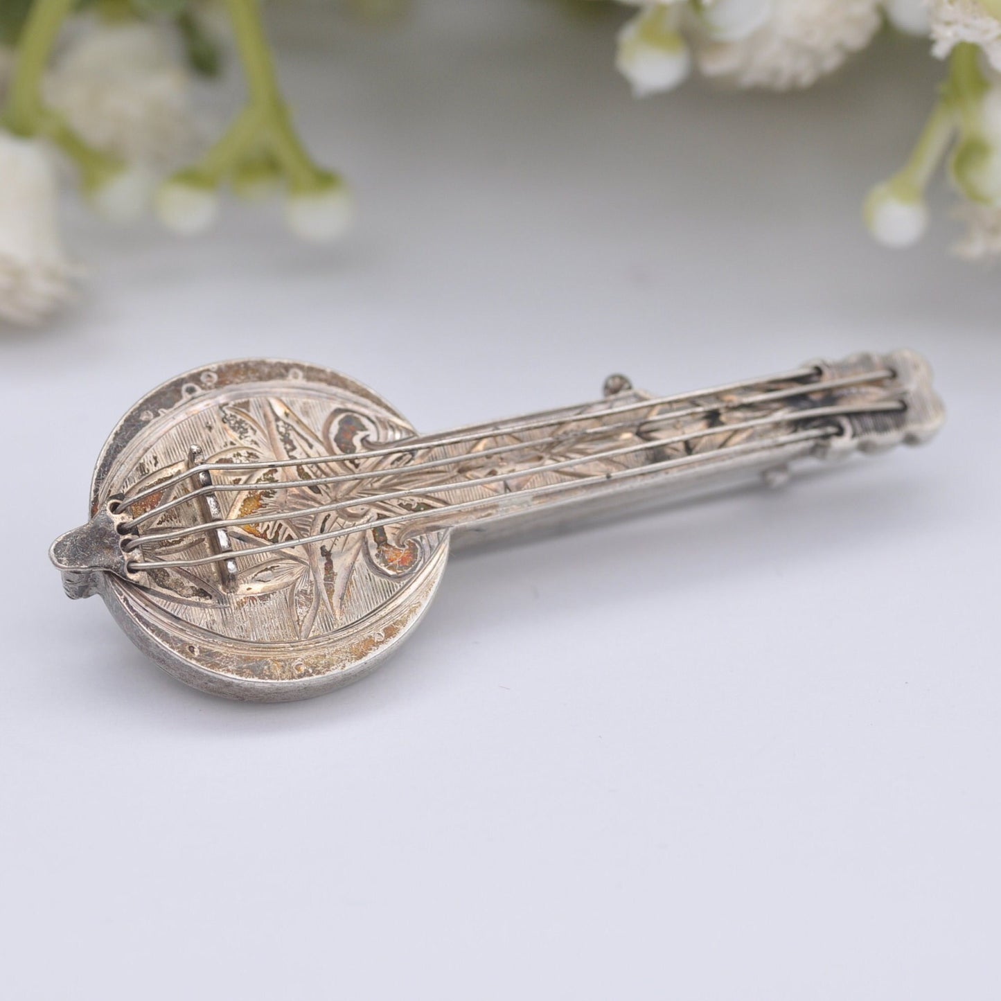 Antique Victorian Sterling Silver Banjo Brooch with Strings - Victorian Novelty Instrument Jewellery | Aesthetic Movement