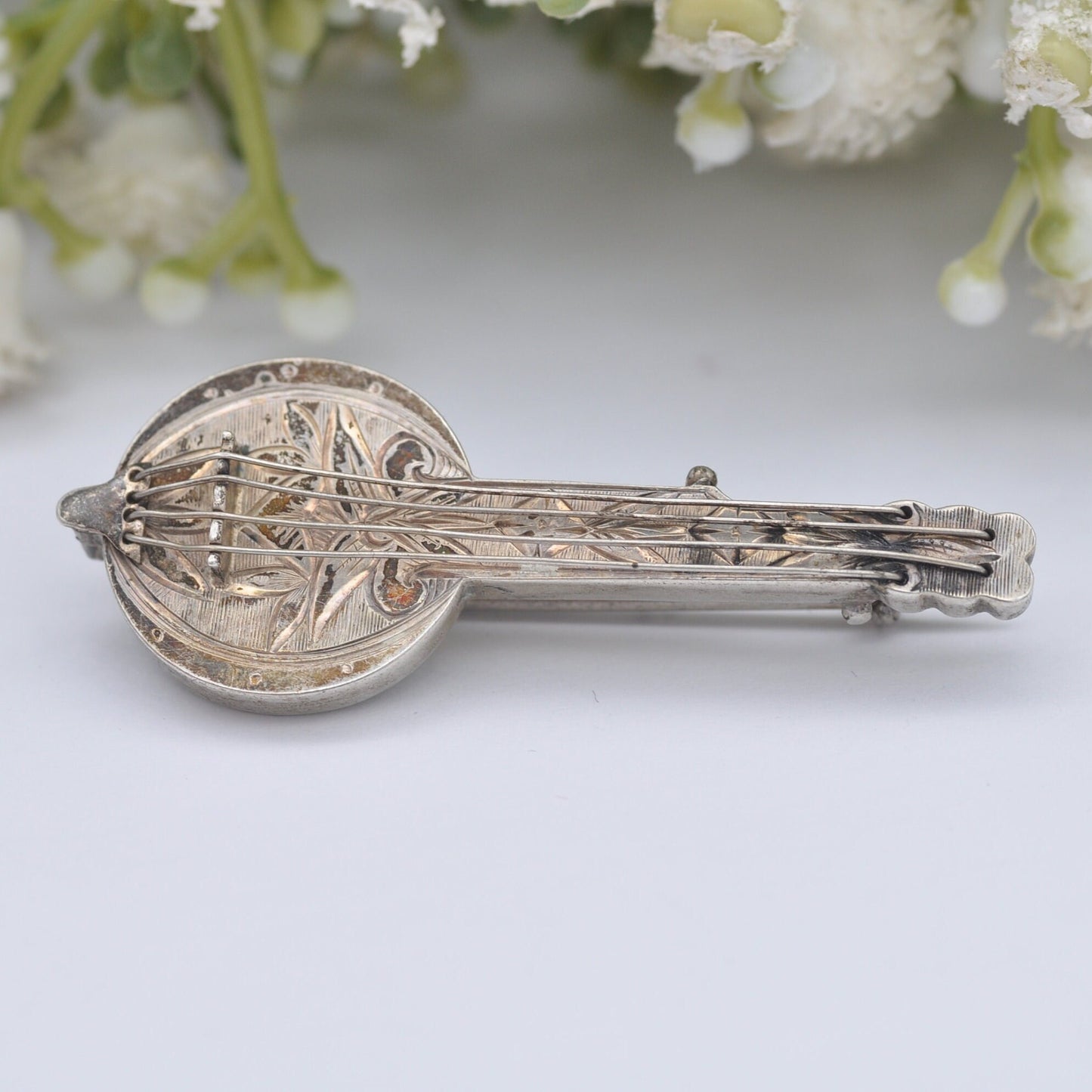 Antique Victorian Sterling Silver Banjo Brooch with Strings - Victorian Novelty Instrument Jewellery | Aesthetic Movement