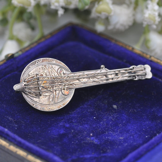 Antique Victorian Sterling Silver Banjo Brooch with Strings - Victorian Novelty Instrument Jewellery | Aesthetic Movement