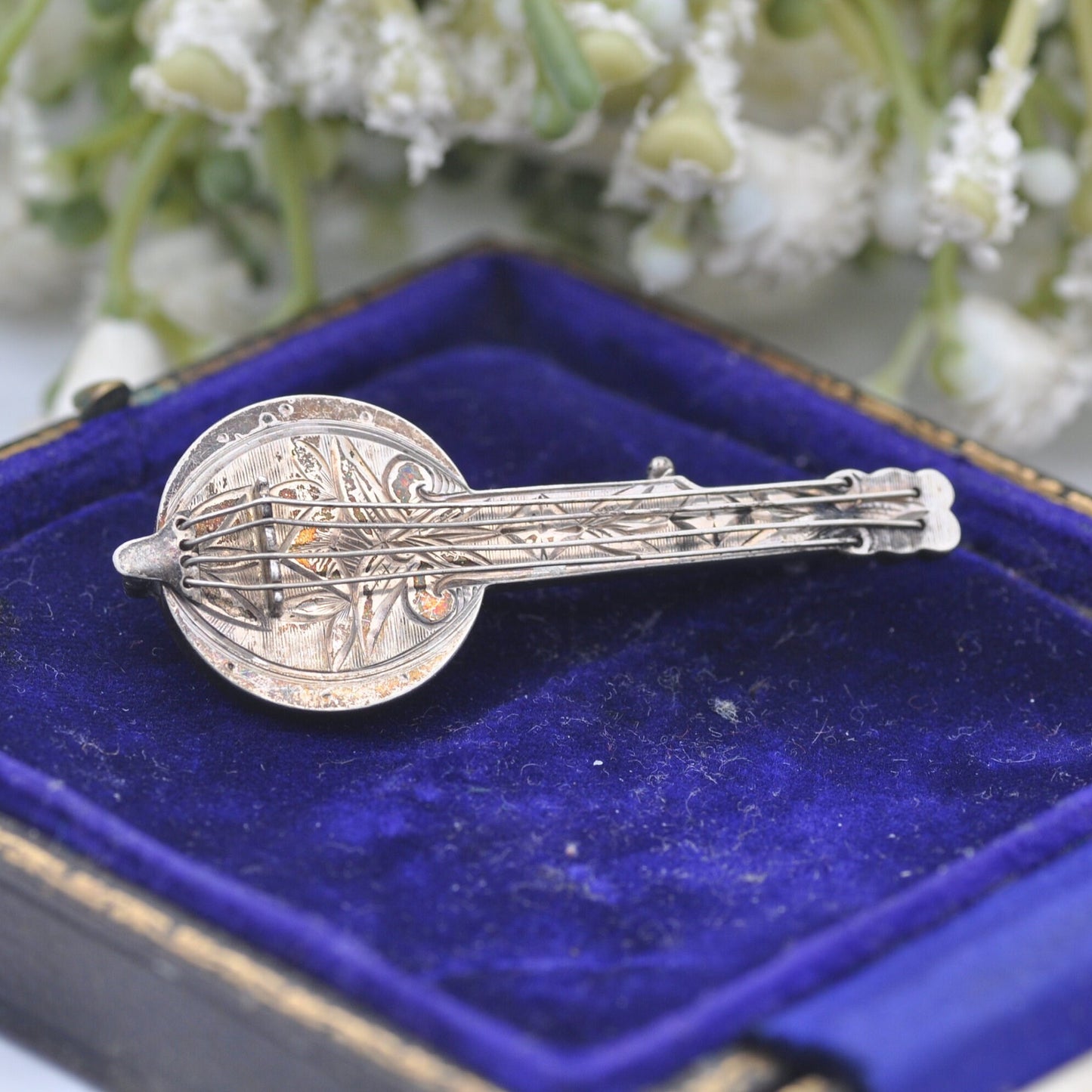 Antique Victorian Sterling Silver Banjo Brooch with Strings - Victorian Novelty Instrument Jewellery | Aesthetic Movement