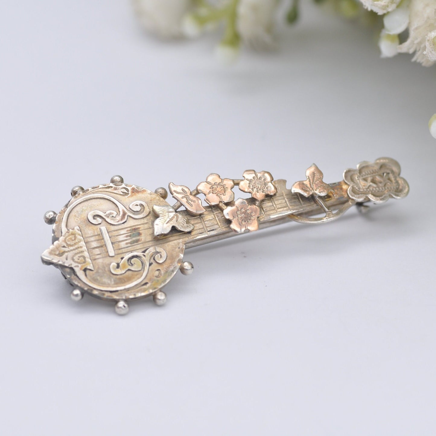 Antique Sterling Silver Banjo Brooch 1897 with Vine Leaves - Novelty Victorian Musical Instrument Jewellery | Aesthetic Movement