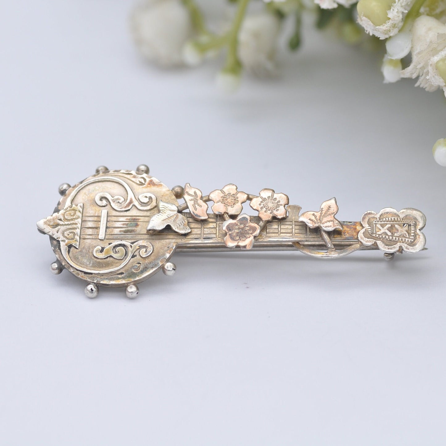 Antique Sterling Silver Banjo Brooch 1897 with Vine Leaves - Novelty Victorian Musical Instrument Jewellery | Aesthetic Movement