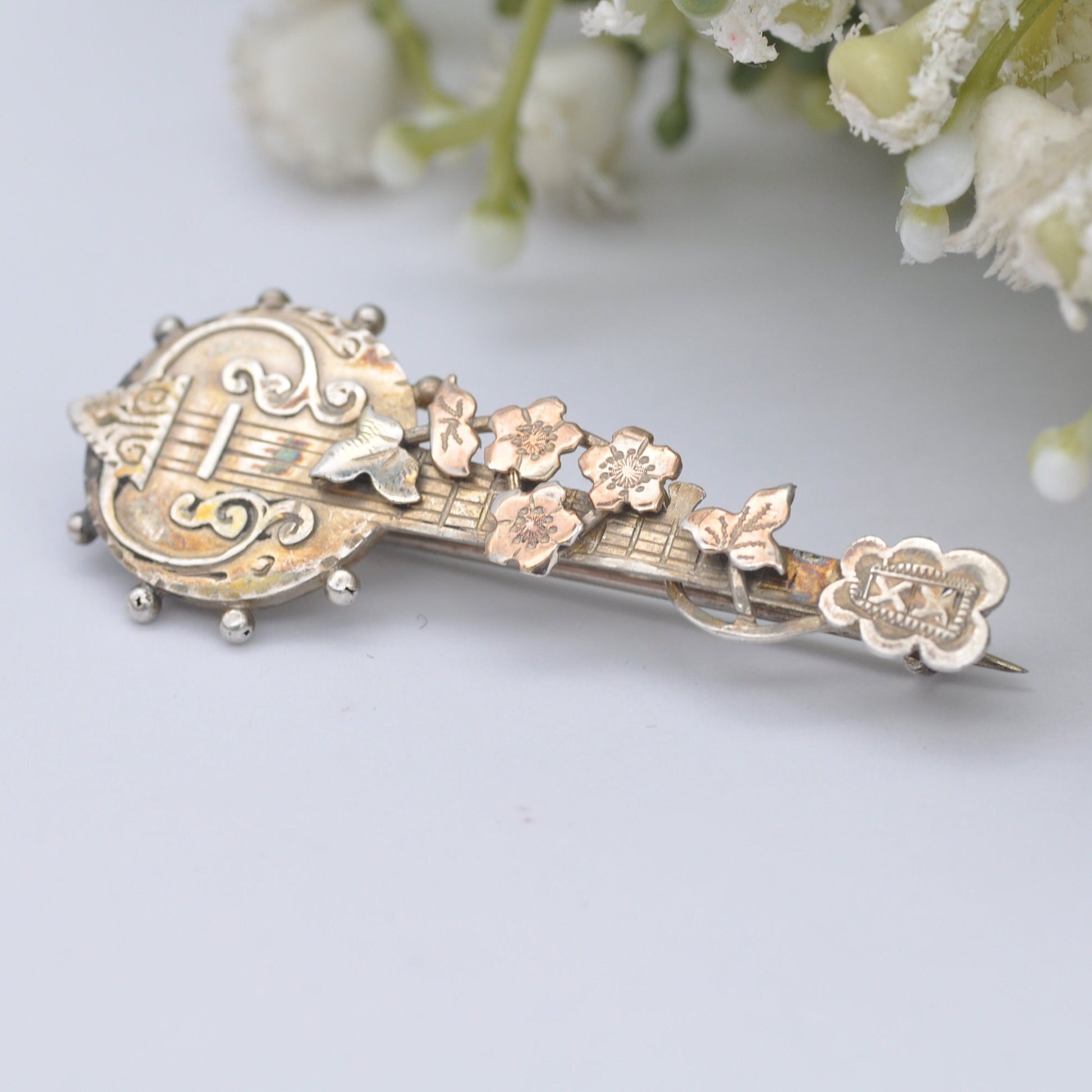 Antique Sterling Silver Banjo Brooch 1897 with Vine Leaves - Novelty Victorian Musical Instrument Jewellery | Aesthetic Movement