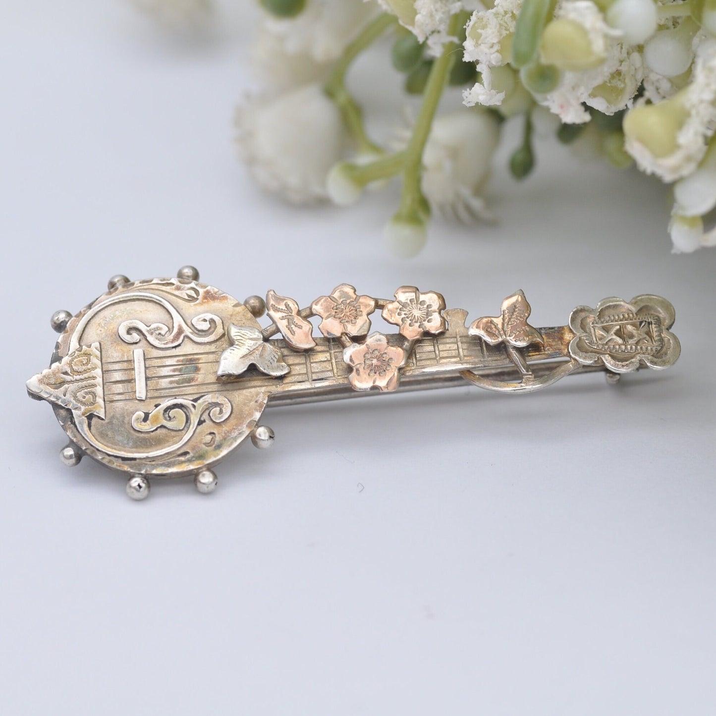 Antique Sterling Silver Banjo Brooch 1897 with Vine Leaves - Novelty Victorian Musical Instrument Jewellery | Aesthetic Movement