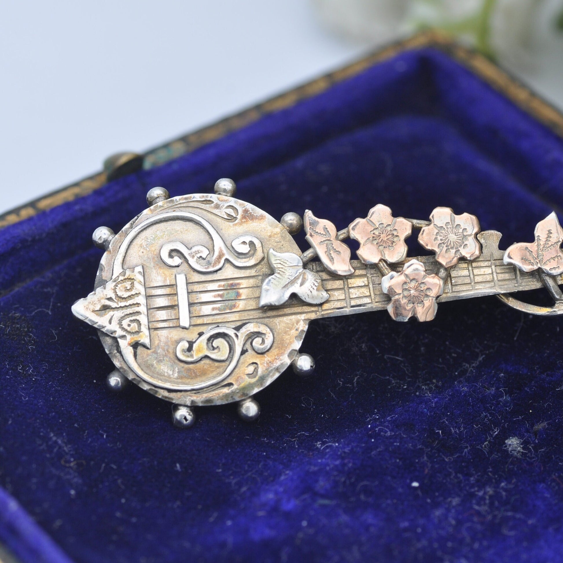 Antique Sterling Silver Banjo Brooch 1897 with Vine Leaves - Novelty Victorian Musical Instrument Jewellery | Aesthetic Movement