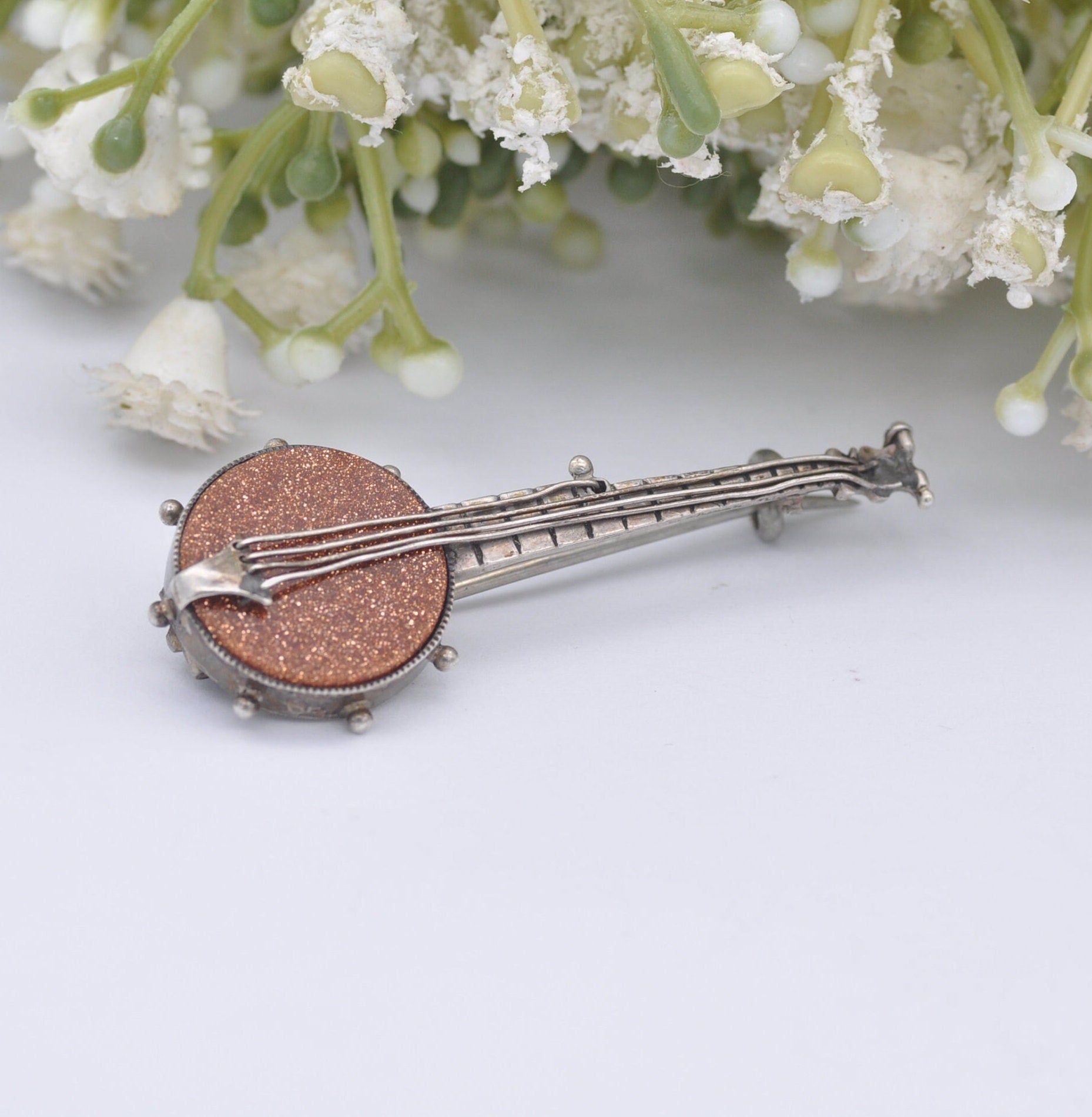 Antique Sterling Silver Goldstone Banjo Brooch - Victorian Musical Instrument Jewellery