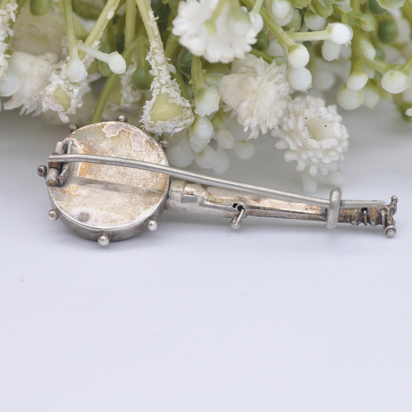 Antique Sterling Silver Goldstone Banjo Brooch - Victorian Musical Instrument Jewellery