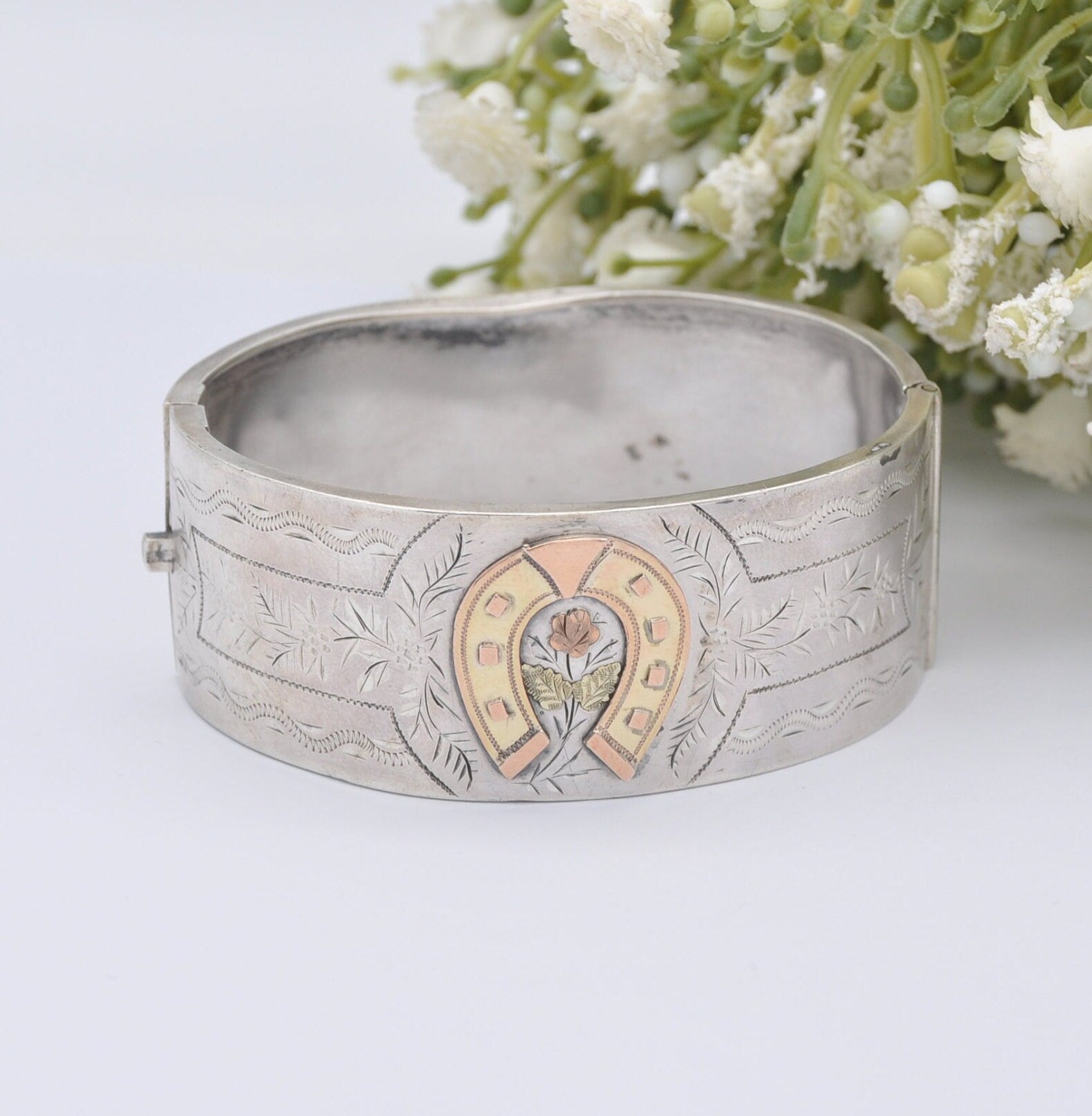 Antique Victorian Sterling Silver Bangle with Lucky Horseshoe and Rose - Aesthetic Movement | Hand Engraved | Rose Gold Plating
