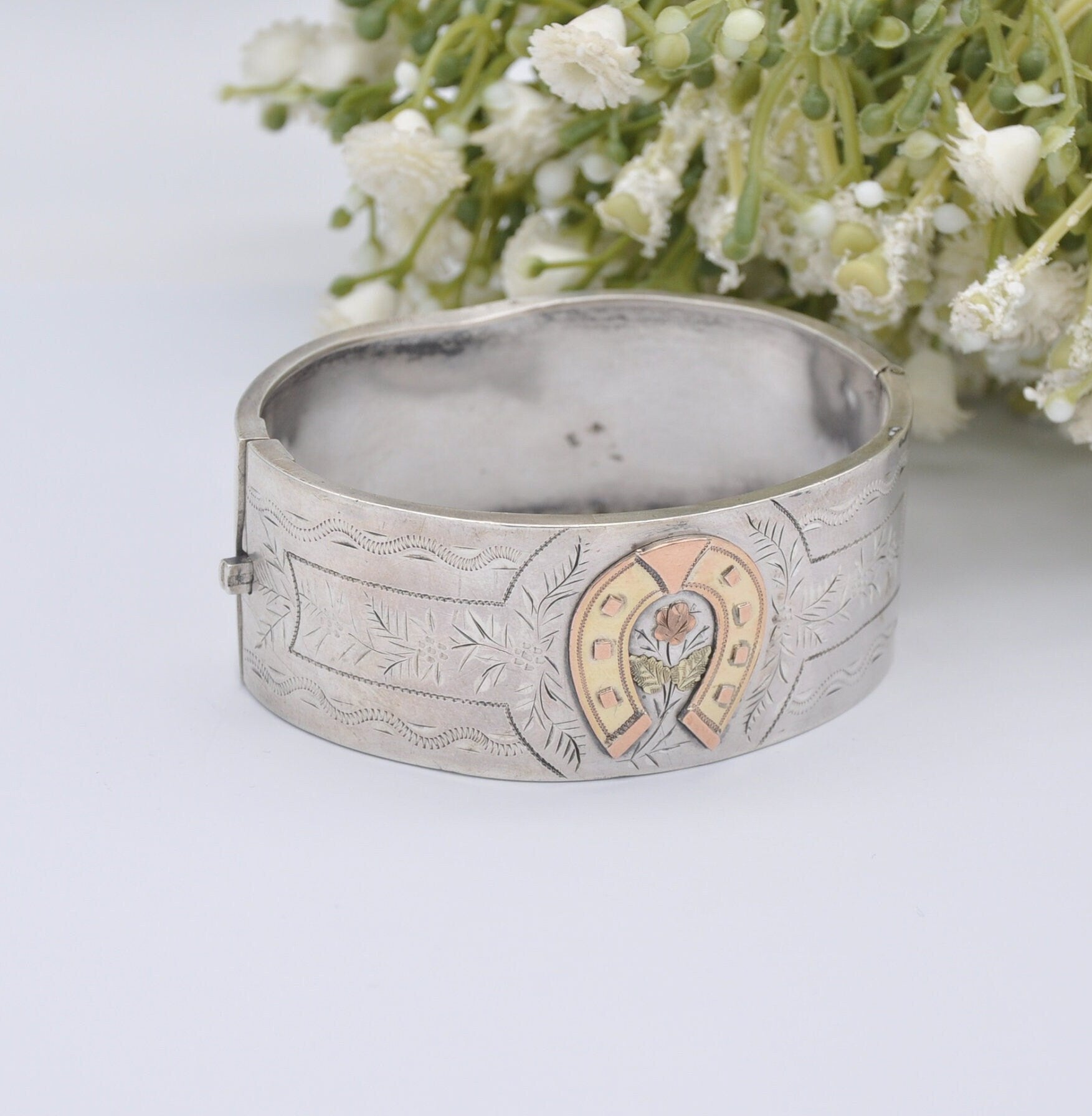 Antique Victorian Sterling Silver Bangle with Lucky Horseshoe and Rose - Aesthetic Movement | Hand Engraved | Rose Gold Plating