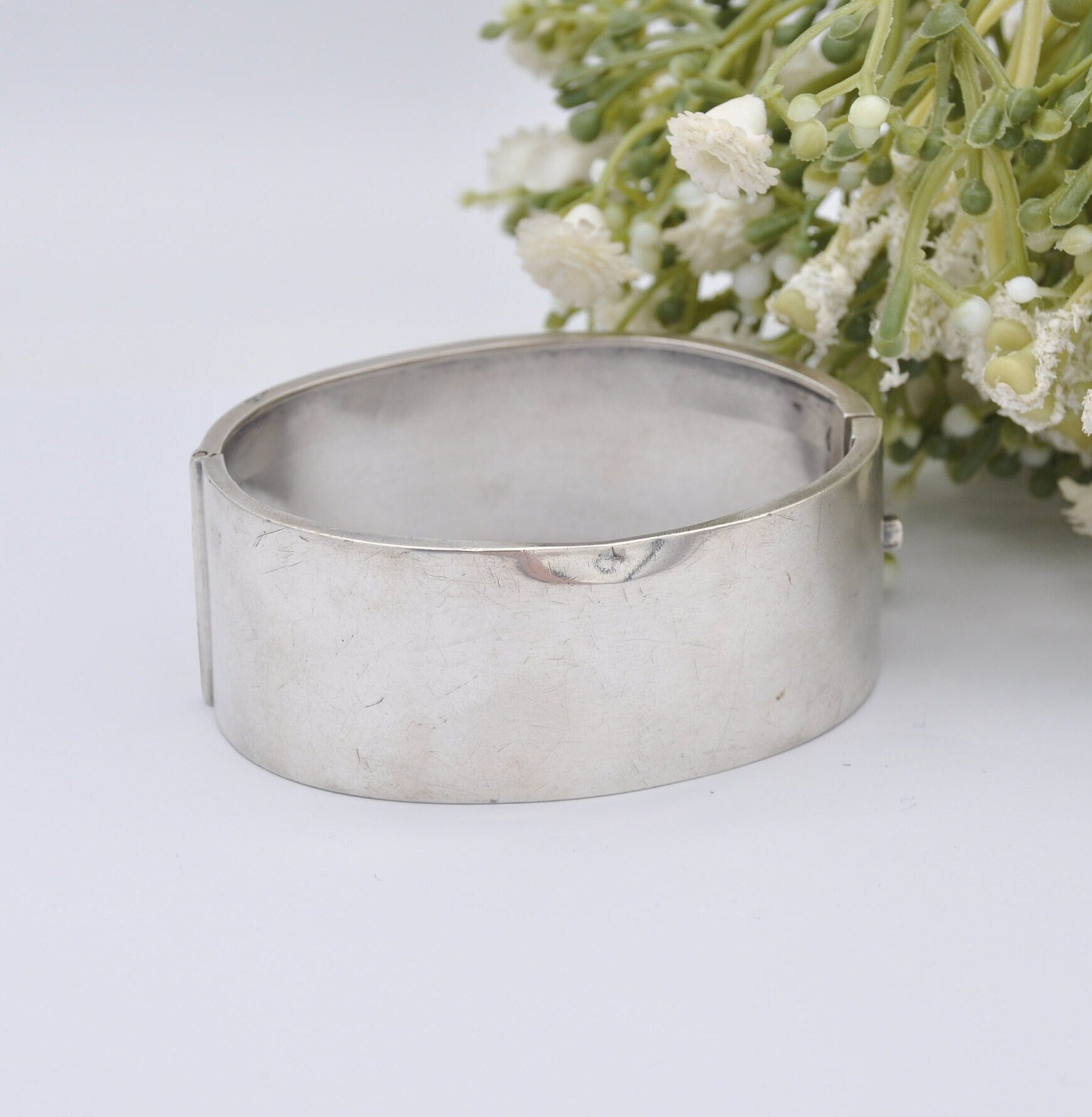 Antique Victorian Sterling Silver Bangle with Lucky Horseshoe and Rose - Aesthetic Movement | Hand Engraved | Rose Gold Plating