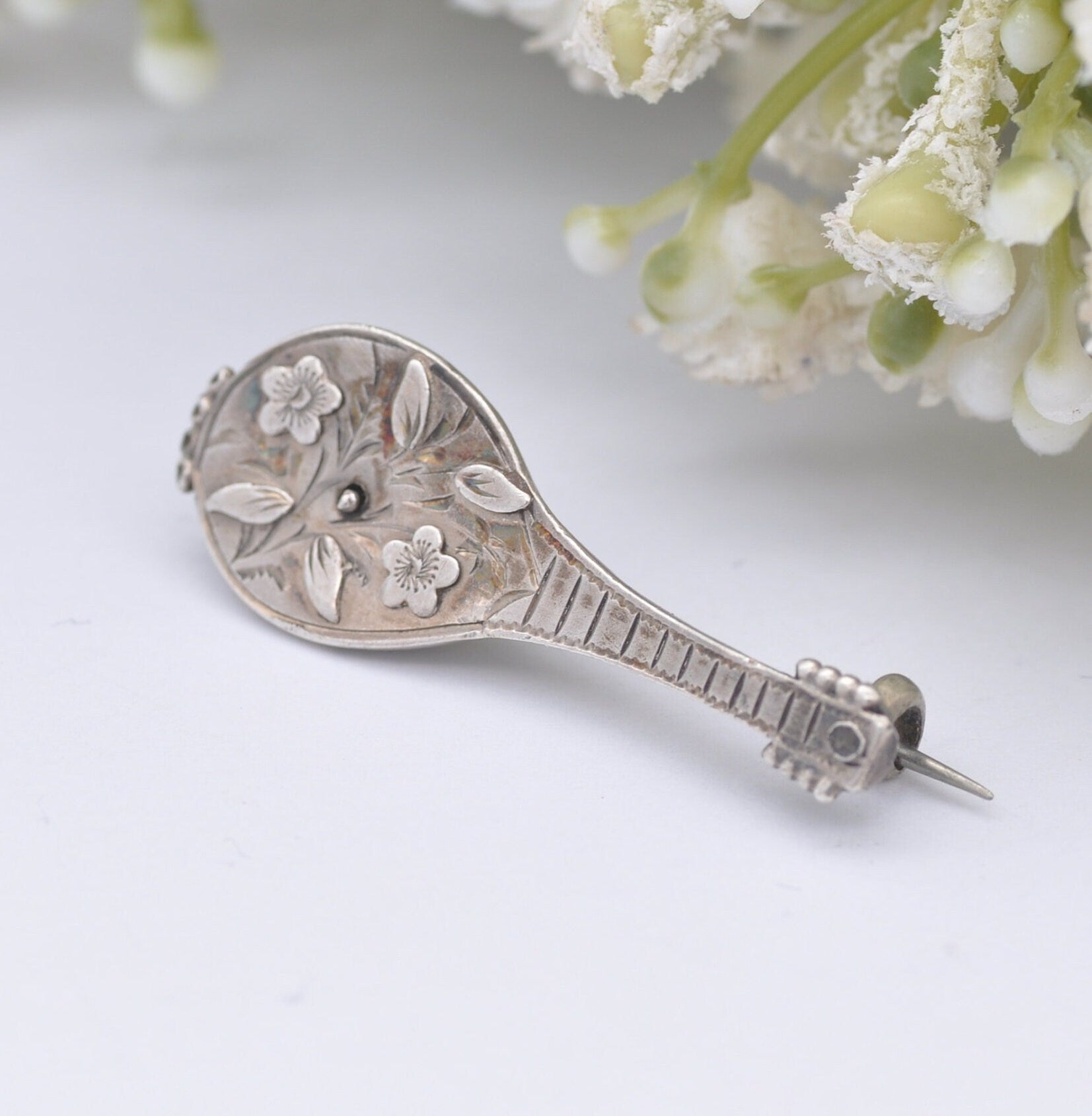 Antique Adie & Lovekin Sterling Silver Mandolin Lute Brooch 1893 - Victorian Novelty Musical Instrument Jewellery