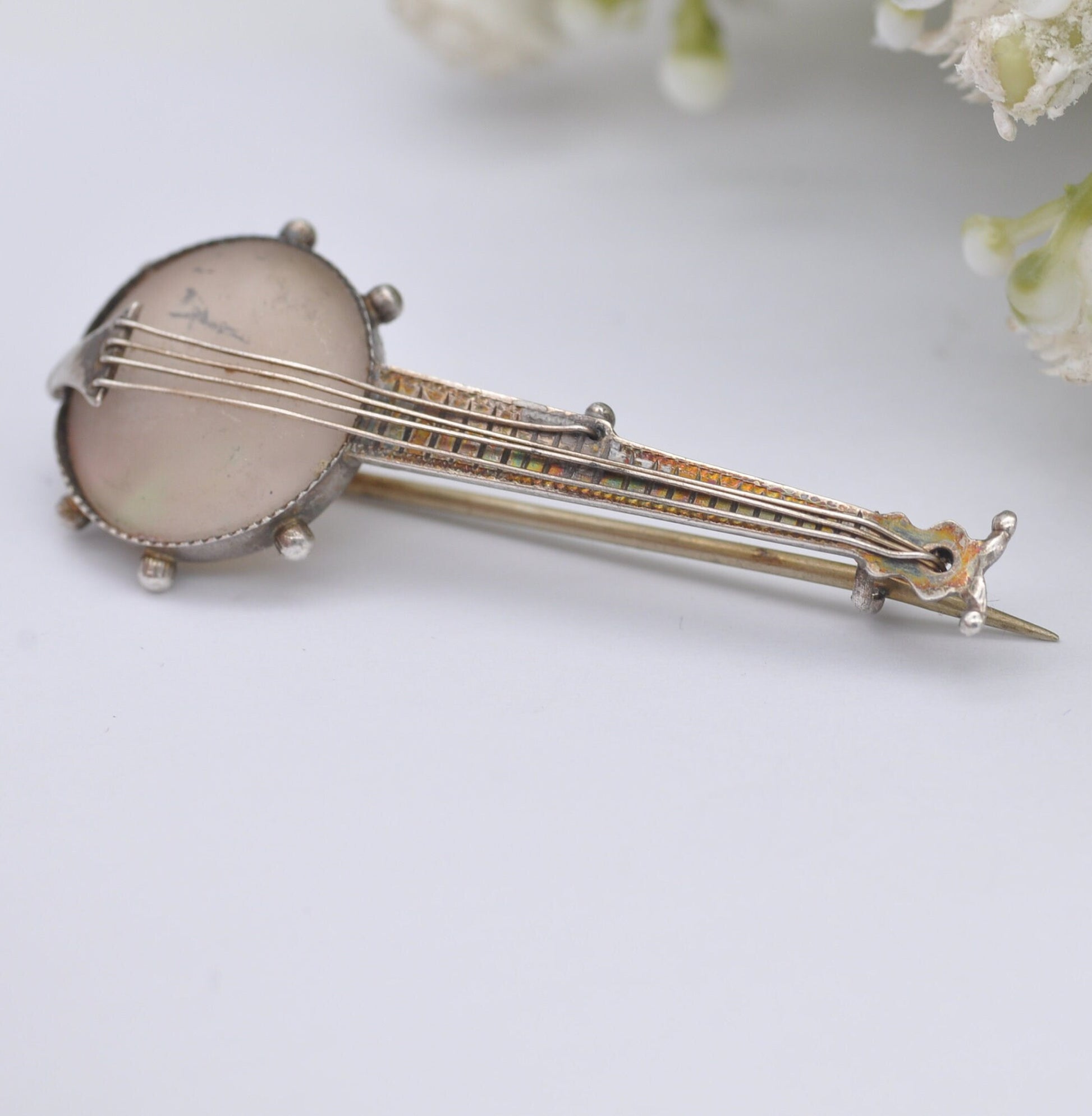 Antique Adie & Lovekin Sterling Silver Banjo Brooch 1891 with Mother of Pearl and Strings - Victorian Novelty Musical Instrument