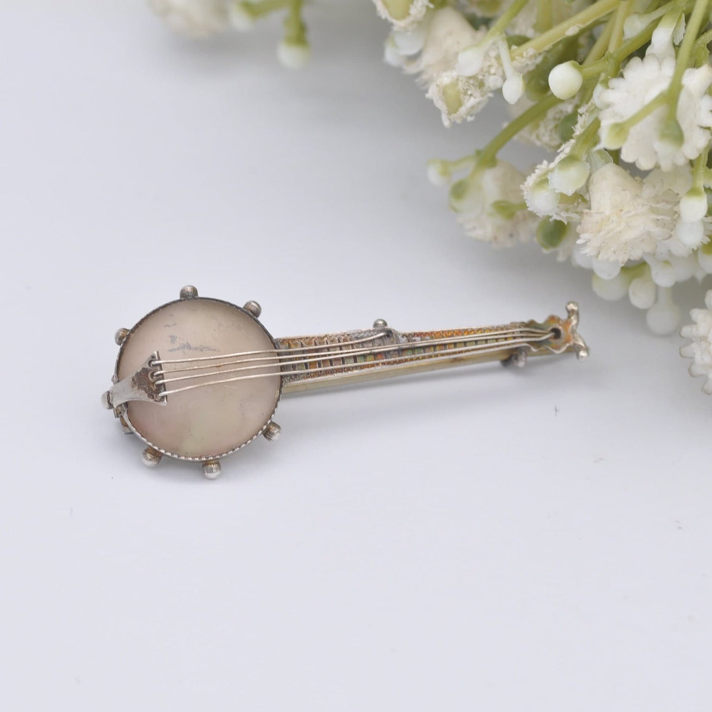 Antique Adie & Lovekin Sterling Silver Banjo Brooch 1891 with Mother of Pearl and Strings - Victorian Novelty Musical Instrument