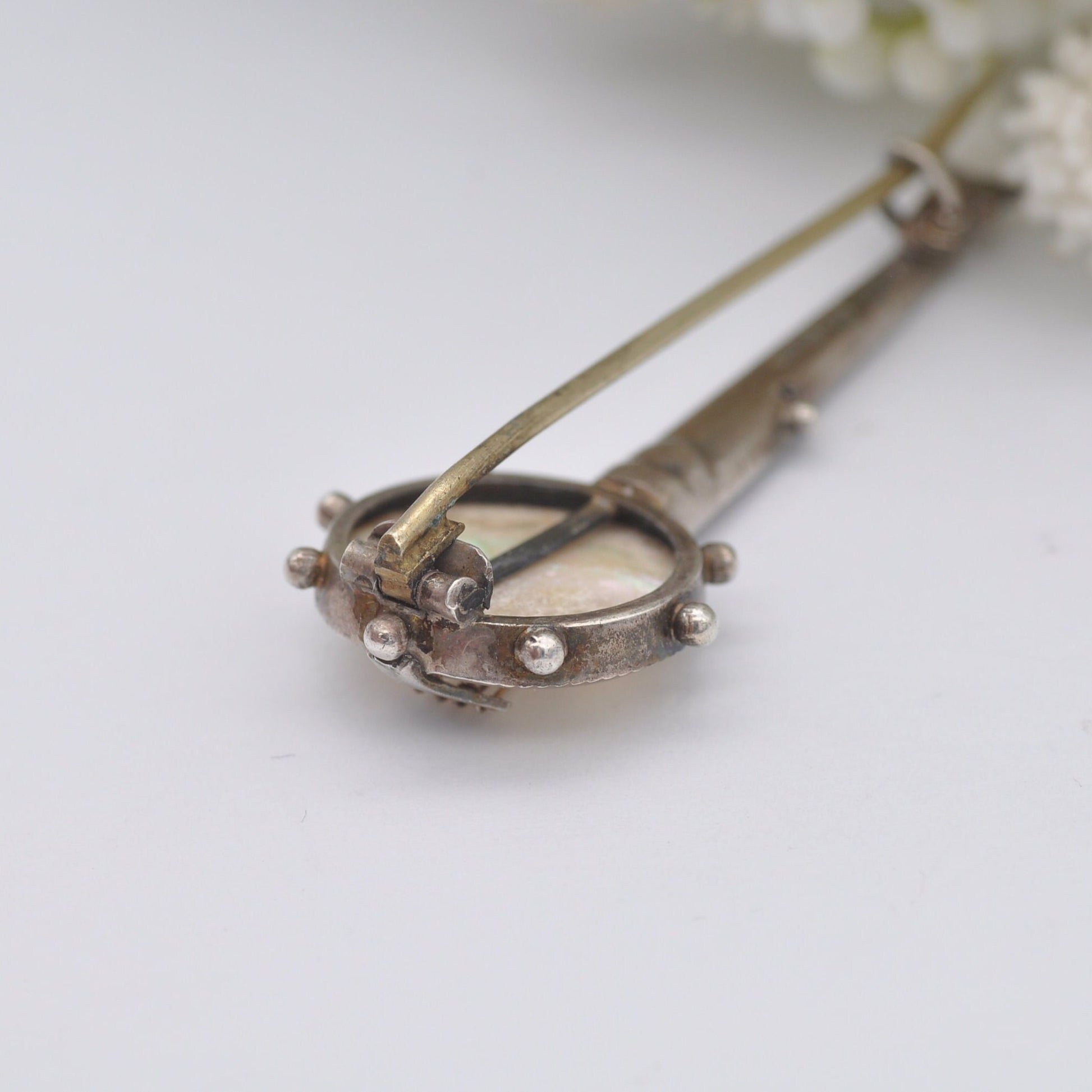 Antique Adie & Lovekin Sterling Silver Banjo Brooch 1891 with Mother of Pearl and Strings - Victorian Novelty Musical Instrument