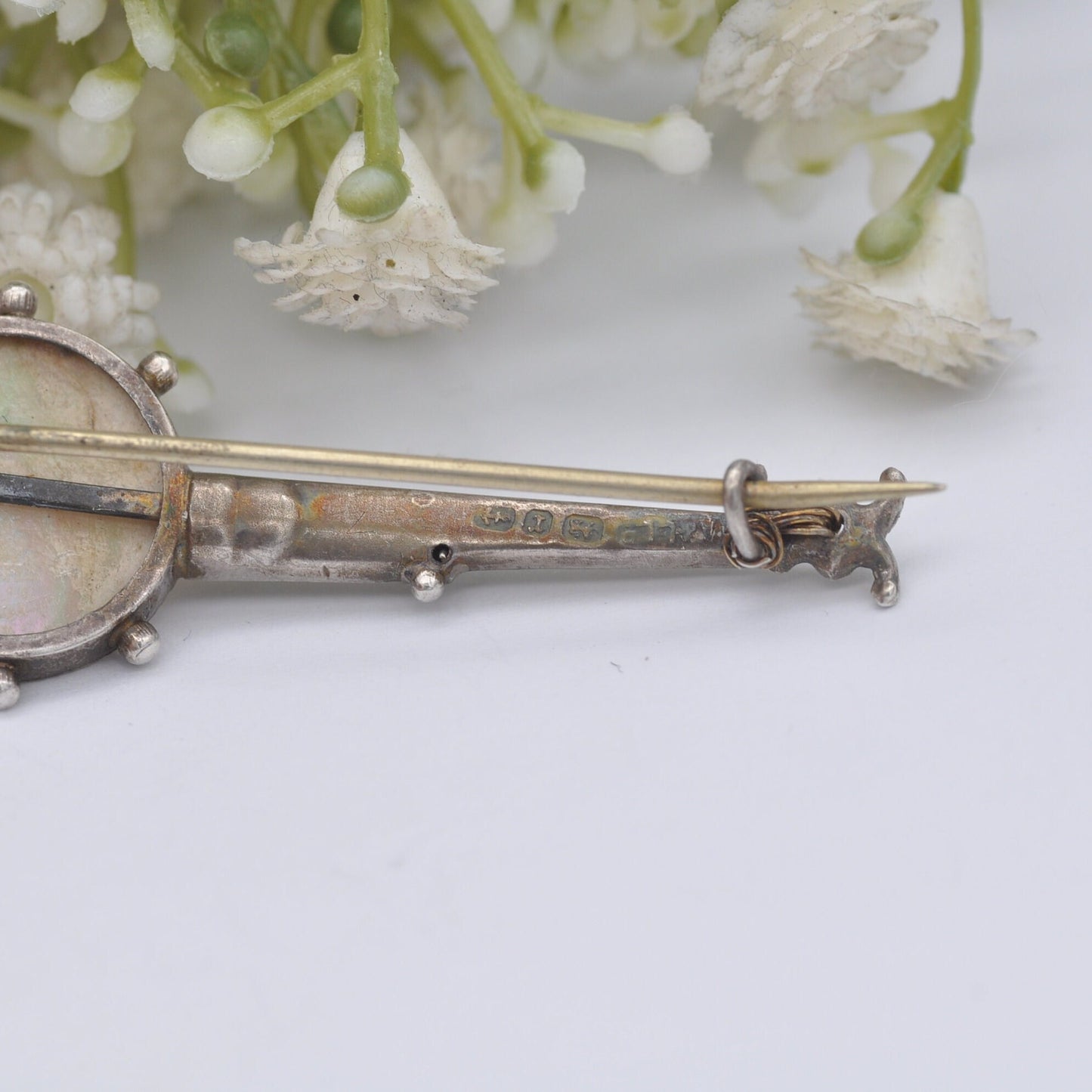 Antique Adie & Lovekin Sterling Silver Banjo Brooch 1891 with Mother of Pearl and Strings - Victorian Novelty Musical Instrument