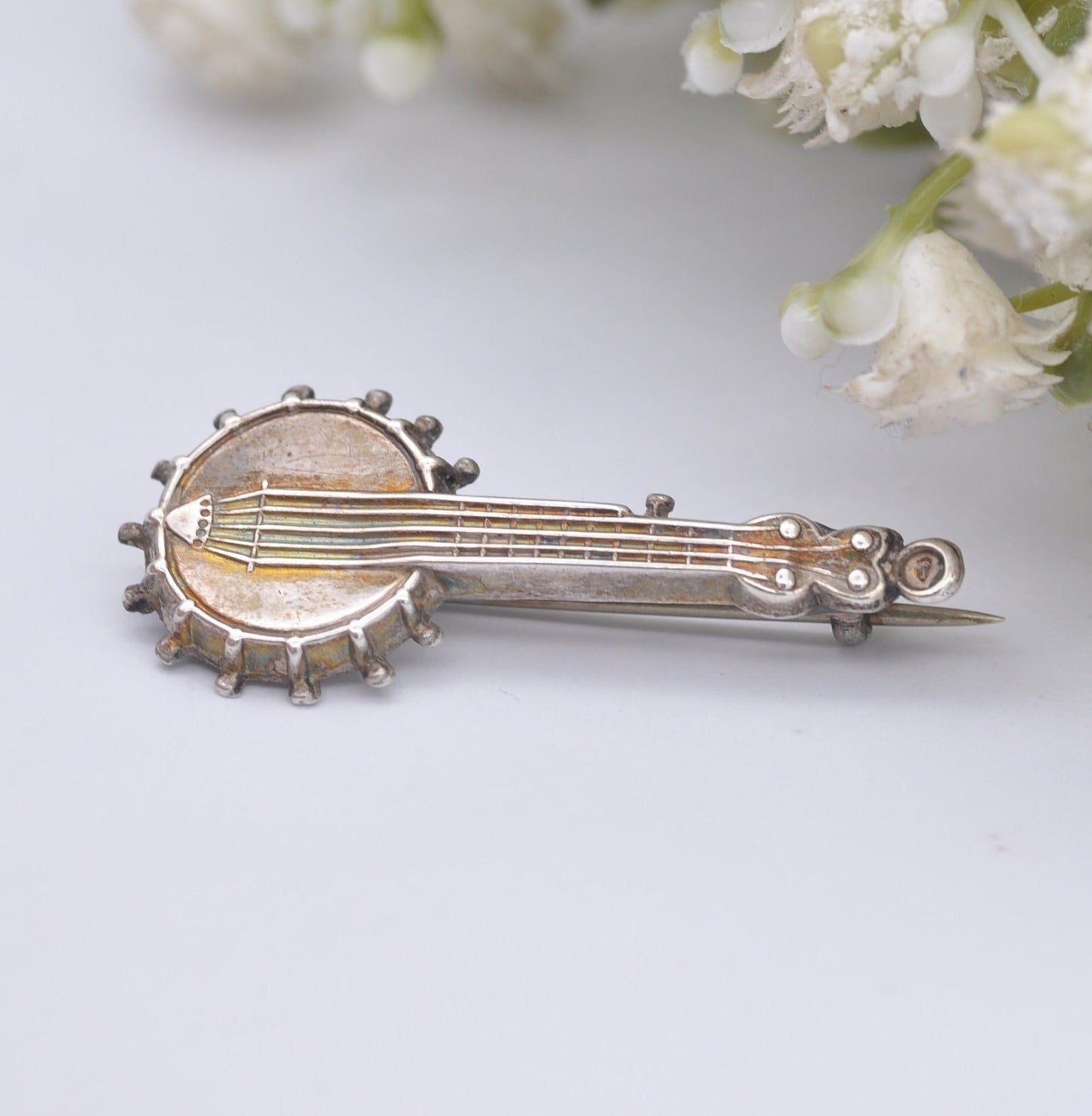 Antique Sterling Silver Banjo Brooch 1886 - Victorian Novelty Musical Instrument Jewellery