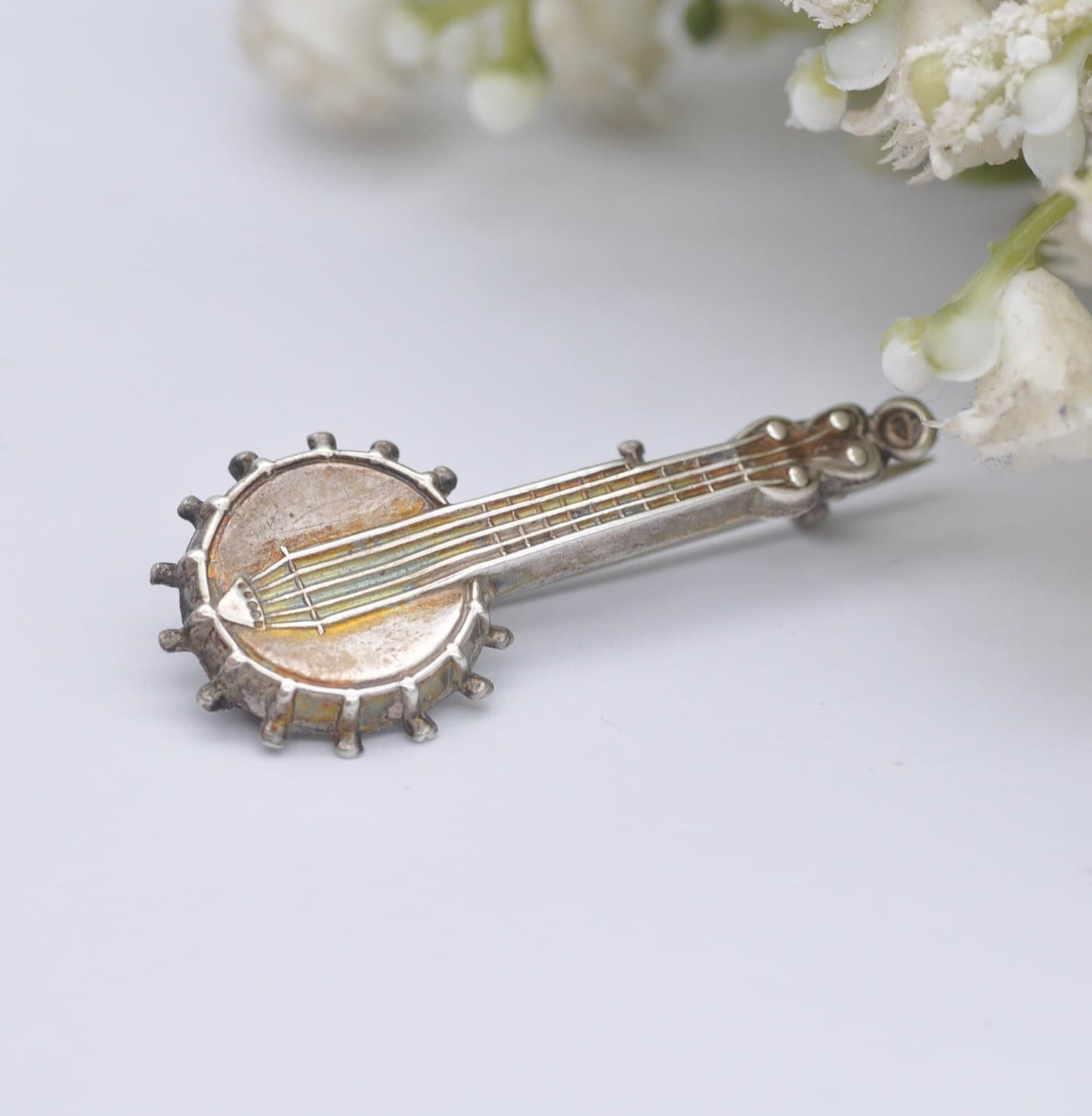 Antique Sterling Silver Banjo Brooch 1886 - Victorian Novelty Musical Instrument Jewellery