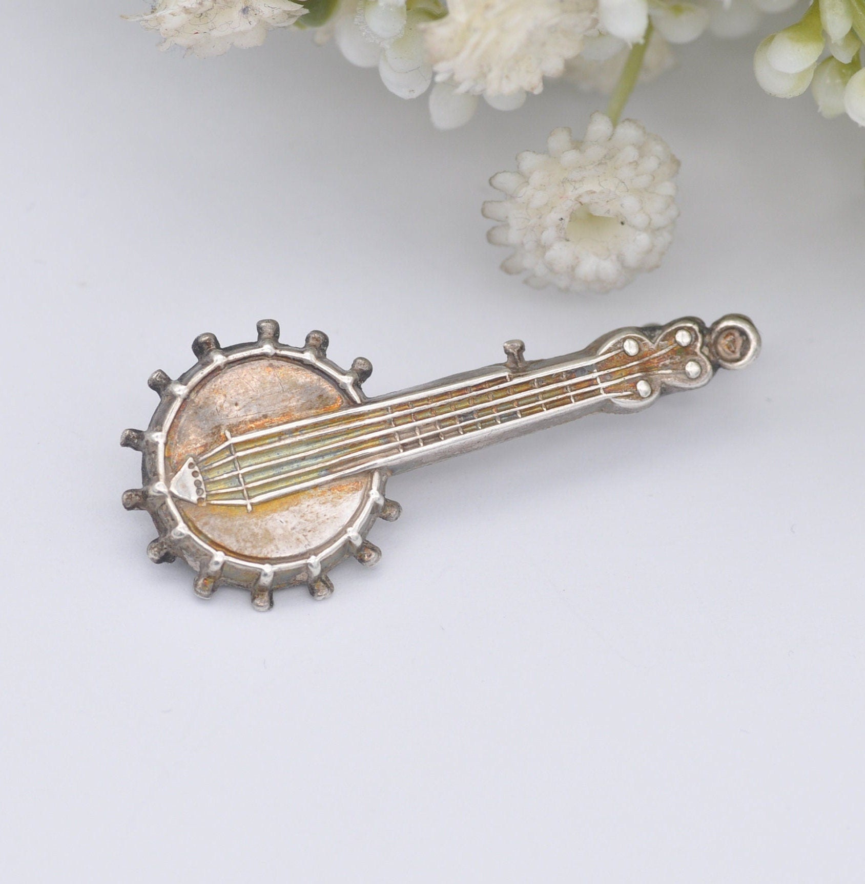 Antique Sterling Silver Banjo Brooch 1886 - Victorian Novelty Musical Instrument Jewellery