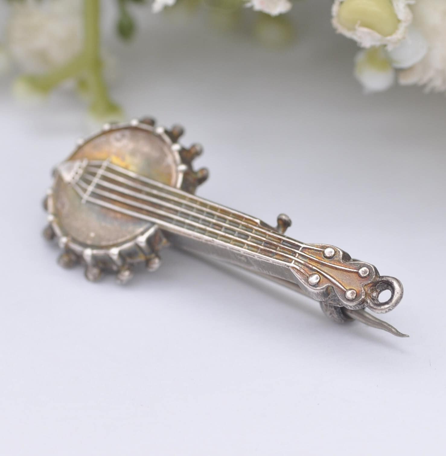 Antique Victorian Sterling Silver Banjo Brooch 1899 - Victorian Novelty Musical Instrument Jewellery