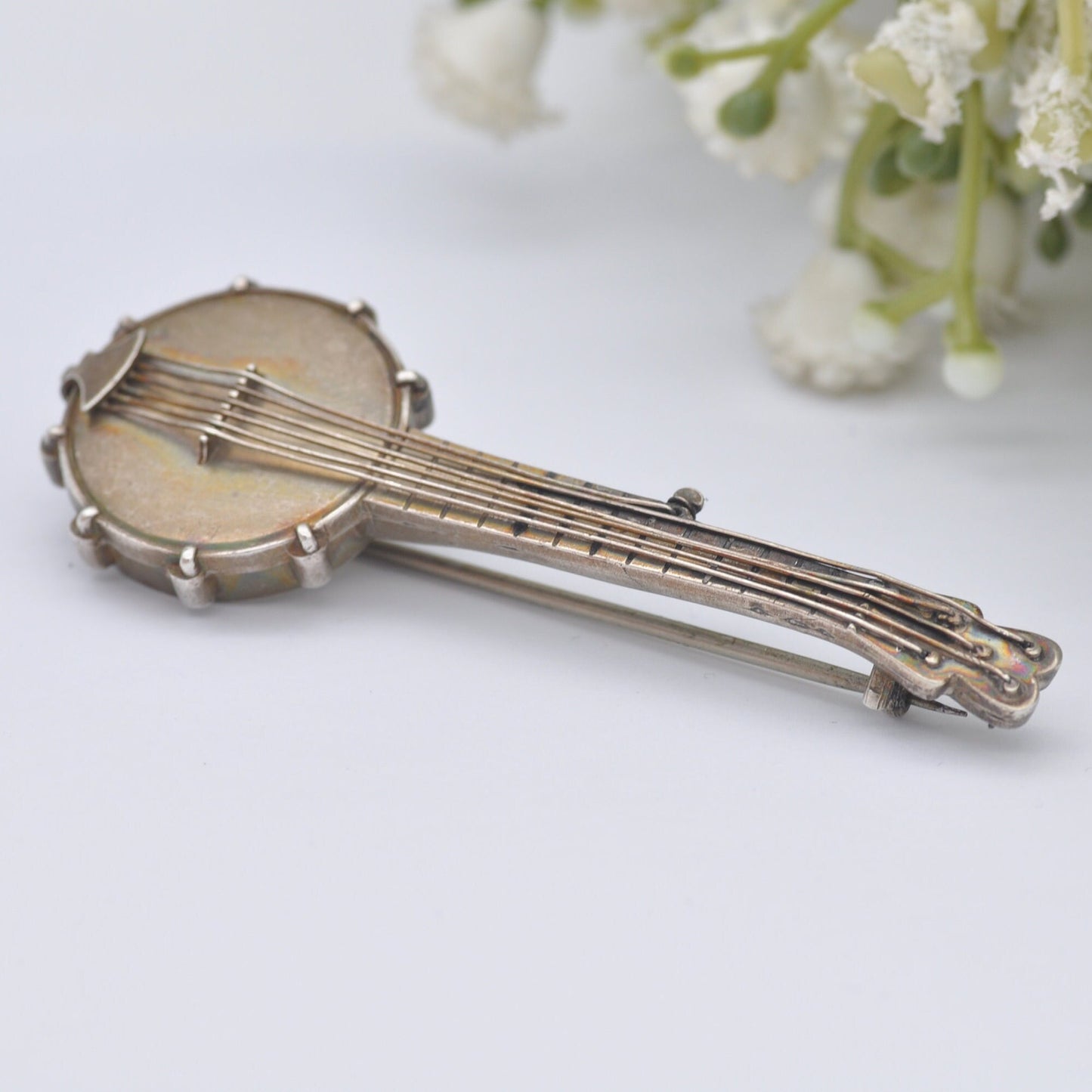 Large Antique Victorian Sterling Silver Banjo Brooch with Six Strings - Victorian Novelty Musical Instrument Jewellery