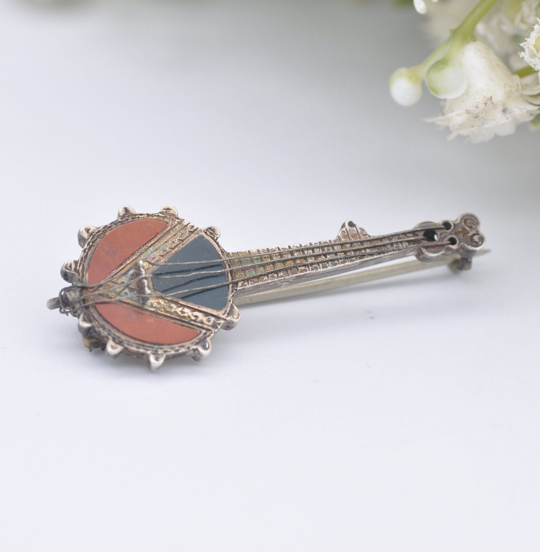 Antique Sterling Silver Jasper Banjo Brooch - Novelty Victorian Musical Instrument Jewellery