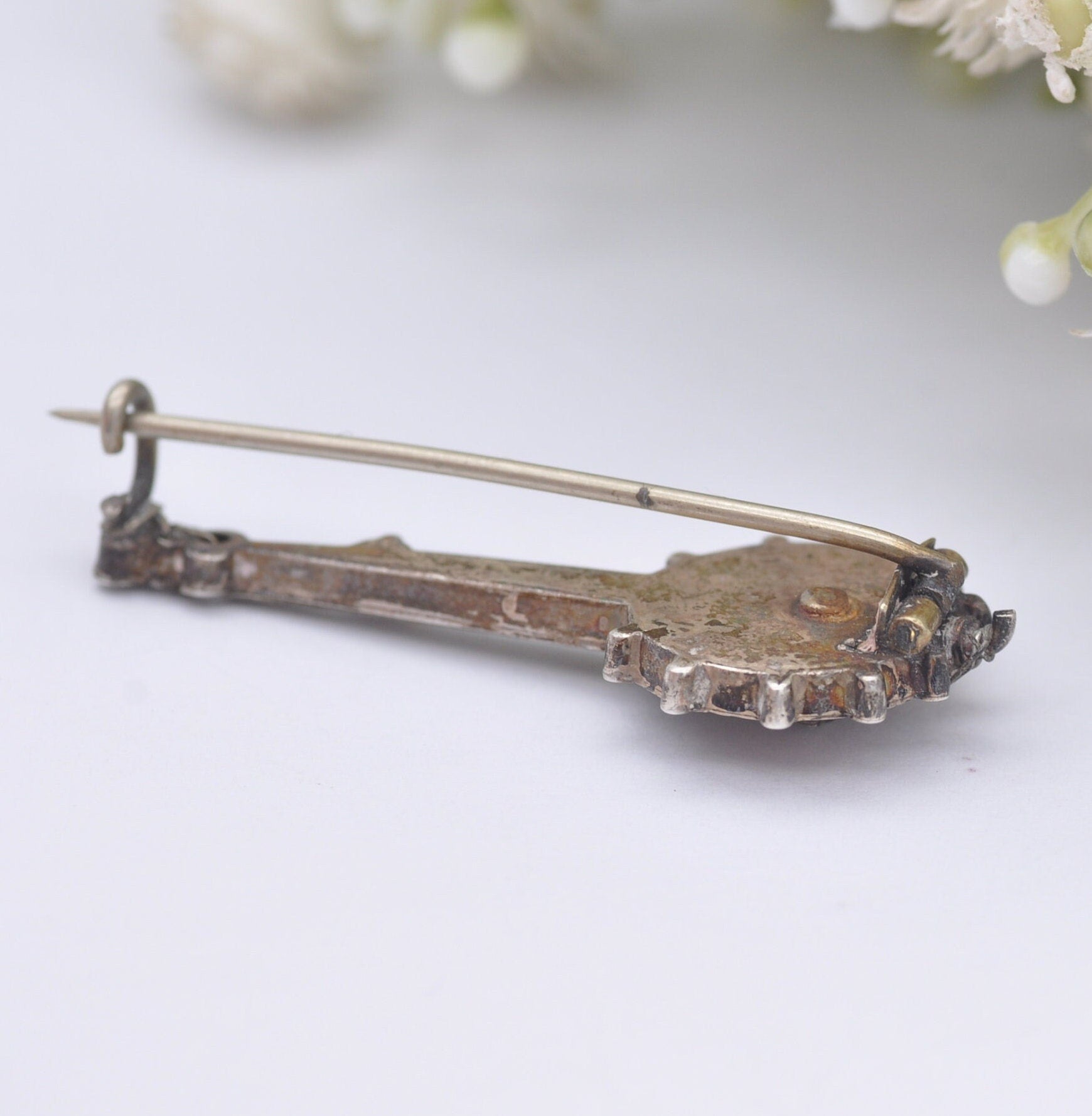 Antique Sterling Silver Jasper Banjo Brooch - Novelty Victorian Musical Instrument Jewellery