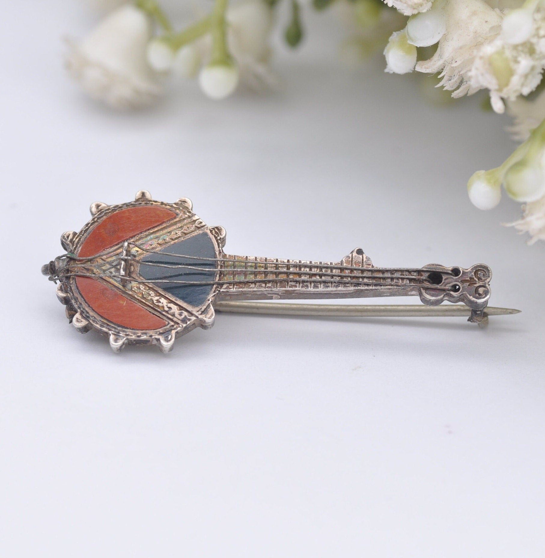 Antique Sterling Silver Jasper Banjo Brooch - Novelty Victorian Musical Instrument Jewellery