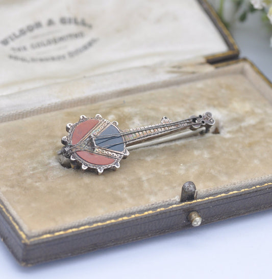 Antique Sterling Silver Jasper Banjo Brooch - Novelty Victorian Musical Instrument Jewellery