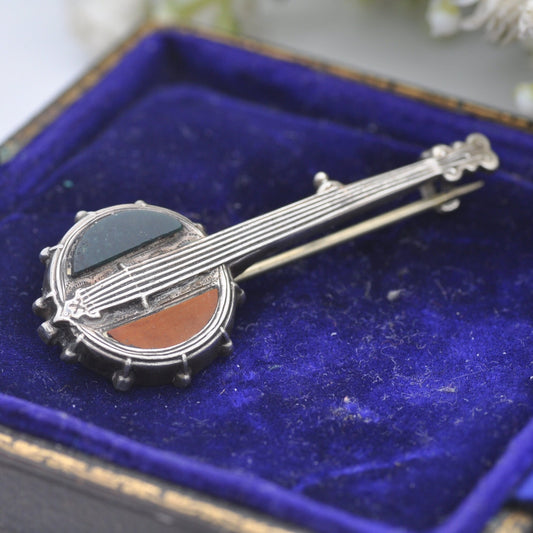 Antique Sterling Silver Jasper Banjo Brooch - Novelty Victorian Musical Instrument Jewellery | Scottish Gemstone Brooch