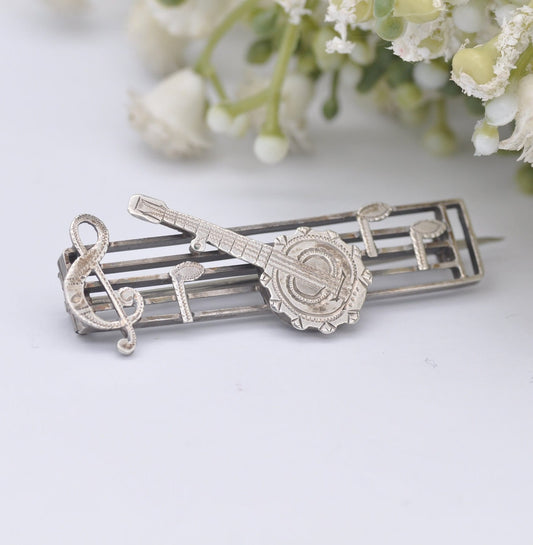 Antique Victorian Sterling Silver Musical Note and Banjo Brooch - Victorian Novelty Musical Instrument Jewellery | Treble Clef