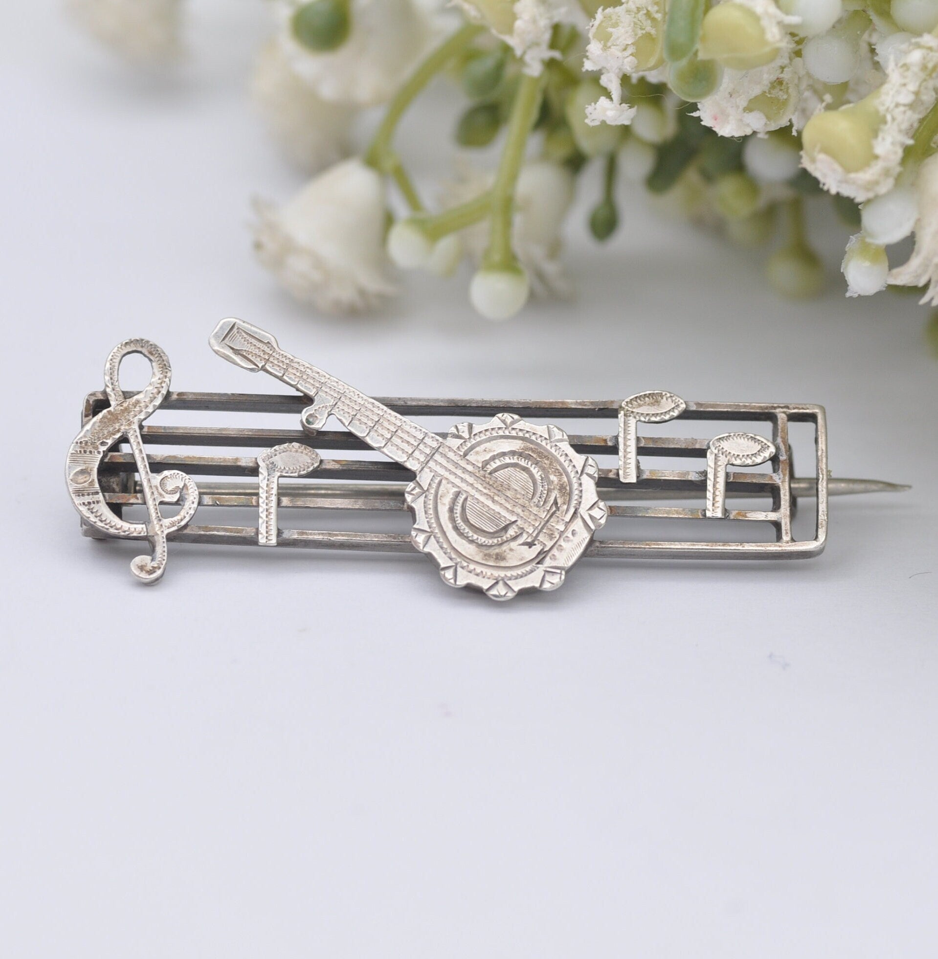 Antique Victorian Sterling Silver Musical Note and Banjo Brooch - Victorian Novelty Musical Instrument Jewellery | Treble Clef