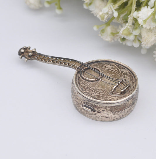 Vintage Sterling Silver Banjo Trinket Box with Strings - Hand Engraved | Novelty Musical Instrument Collectable