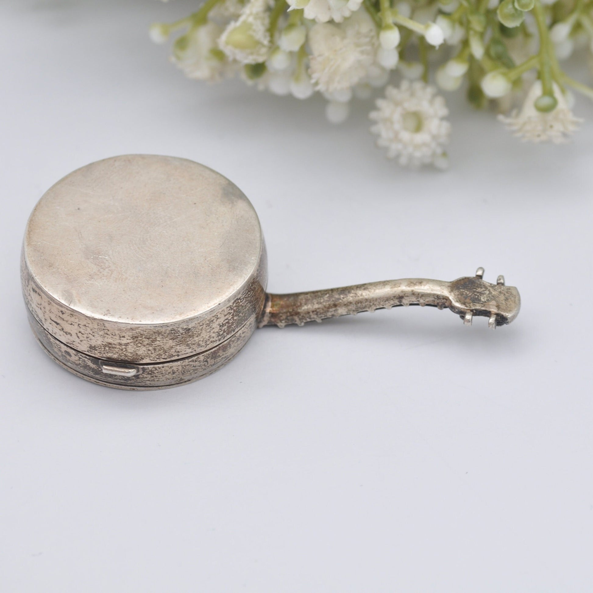 Vintage Sterling Silver Banjo Trinket Box with Strings - Hand Engraved | Novelty Musical Instrument Collectable