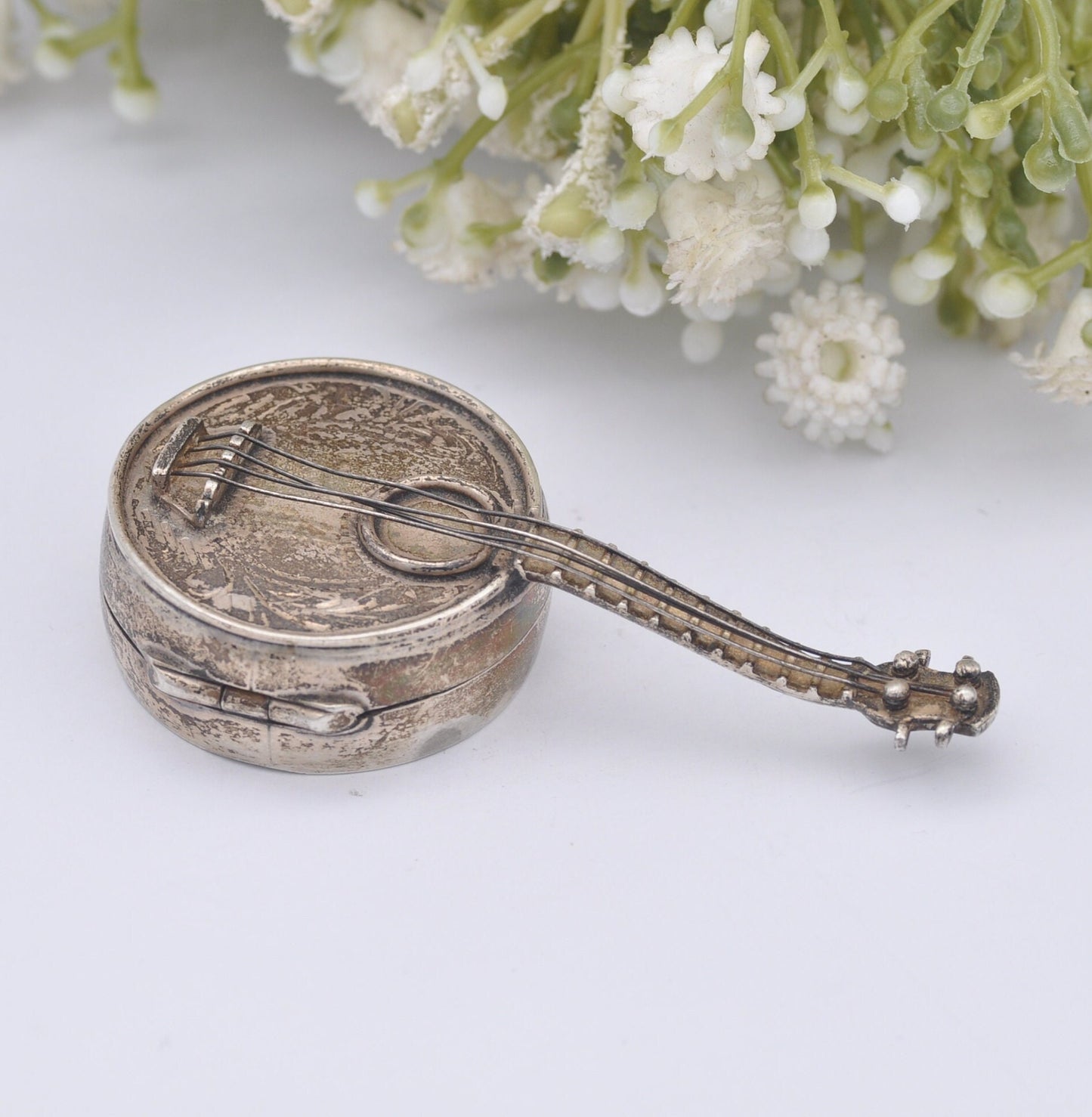 Vintage Sterling Silver Banjo Trinket Box with Strings - Hand Engraved | Novelty Musical Instrument Collectable