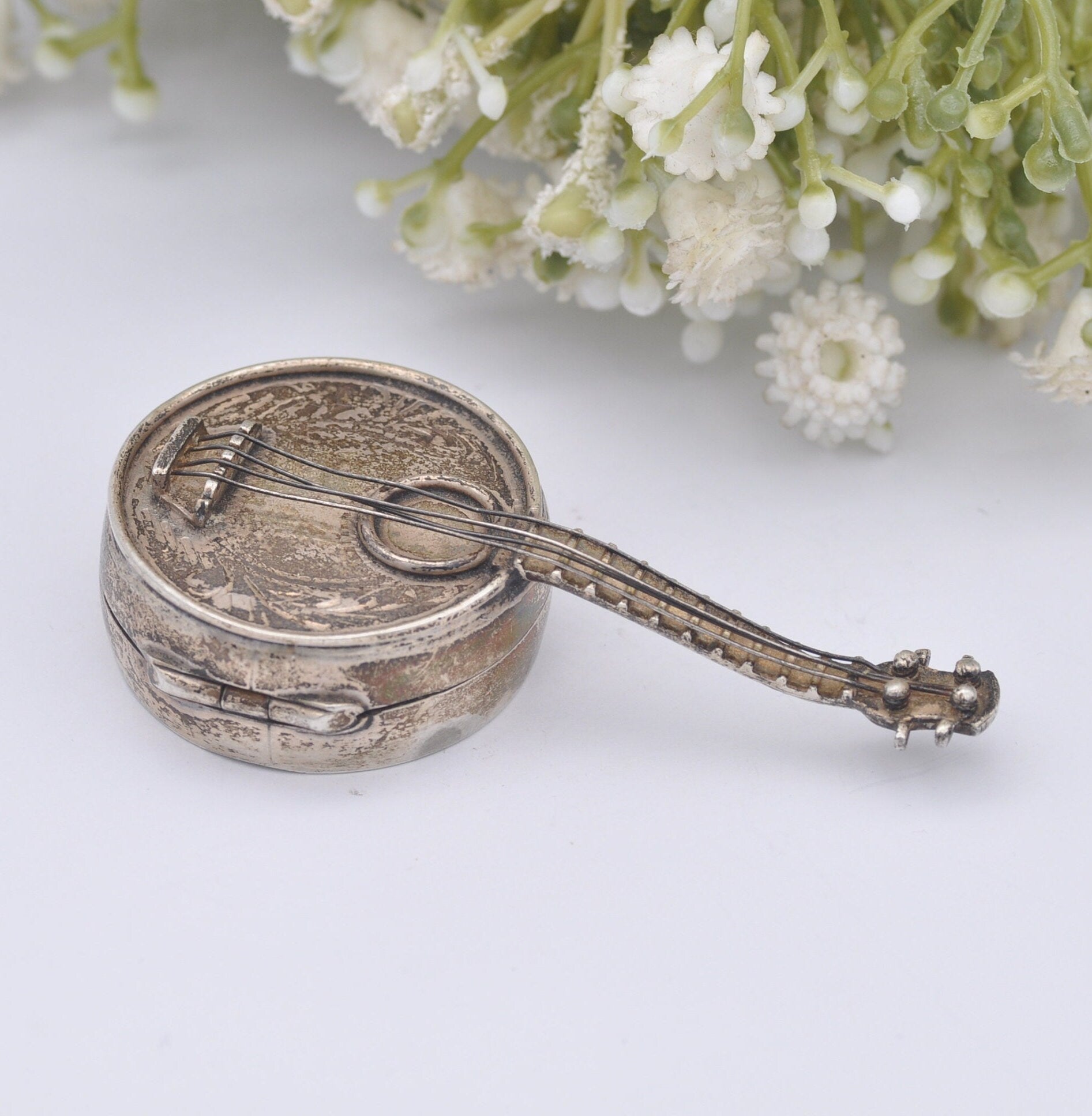 Vintage Sterling Silver Banjo Trinket Box with Strings - Hand Engraved | Novelty Musical Instrument Collectable