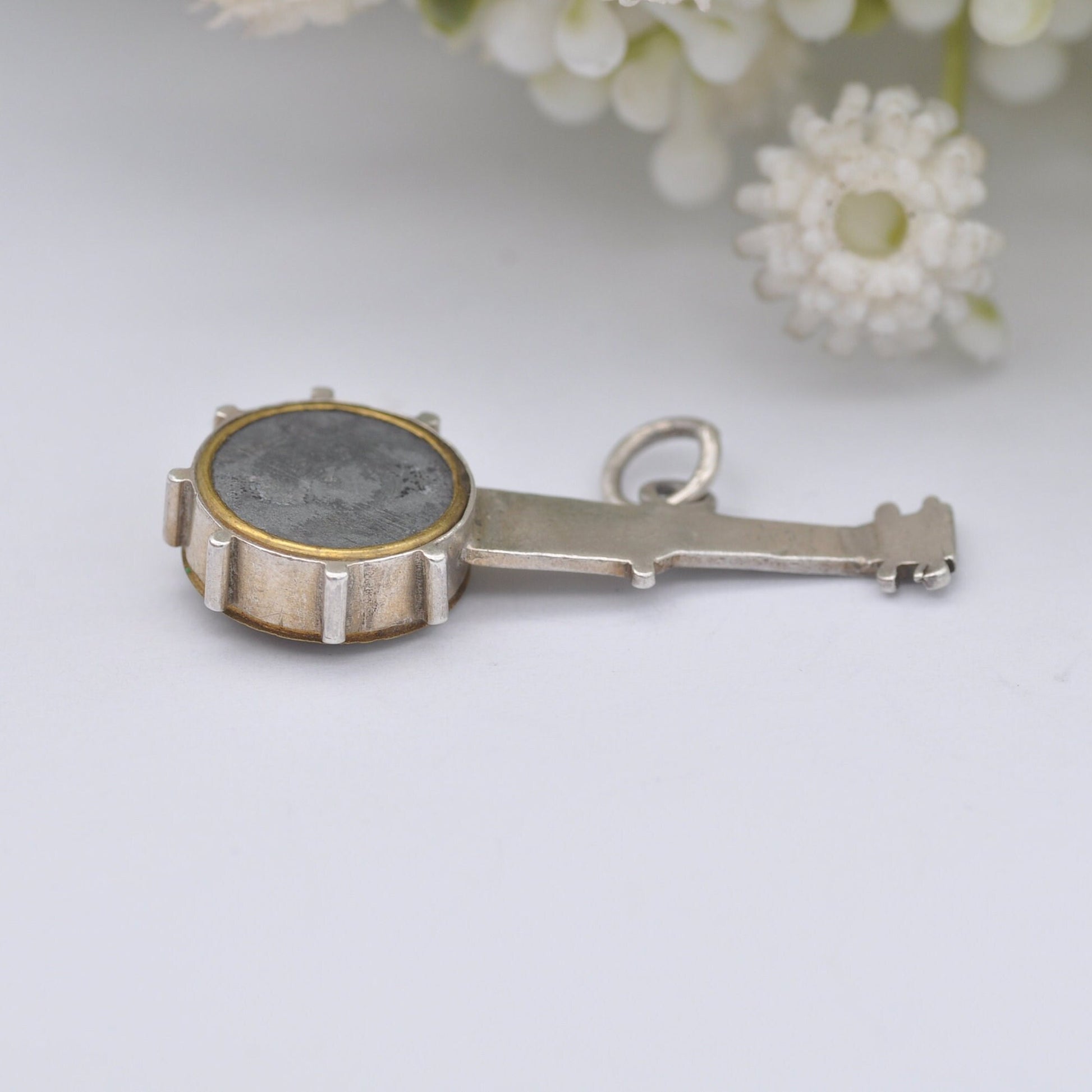 Antique Victorian Sterling Silver Compass Banjo Pendant - Victorian Novelty Musical Instrument Jewellery | Unusual Necklace