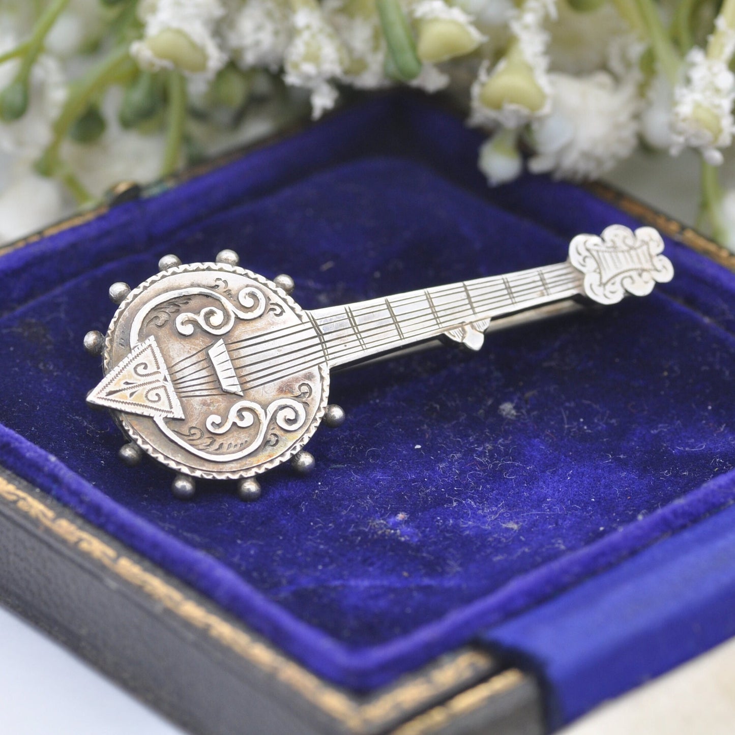 Antique Victorian Sterling Silver Banjo Brooch 1890 by William Twigg - Victorian Novelty Musical Instrument Jewellery | Engraved