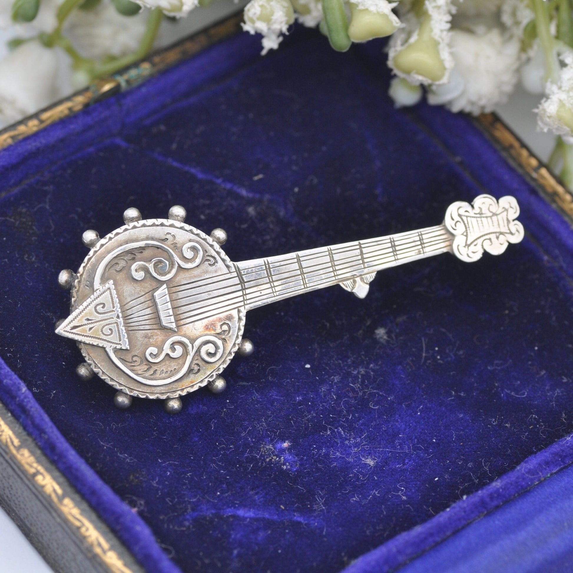 Antique Victorian Sterling Silver Banjo Brooch 1890 by William Twigg - Victorian Novelty Musical Instrument Jewellery | Engraved