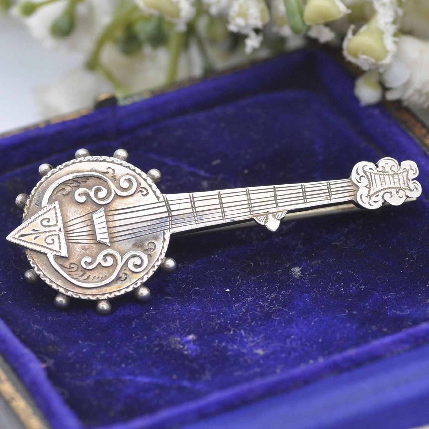 Antique Victorian Sterling Silver Banjo Brooch 1890 by William Twigg - Victorian Novelty Musical Instrument Jewellery | Engraved