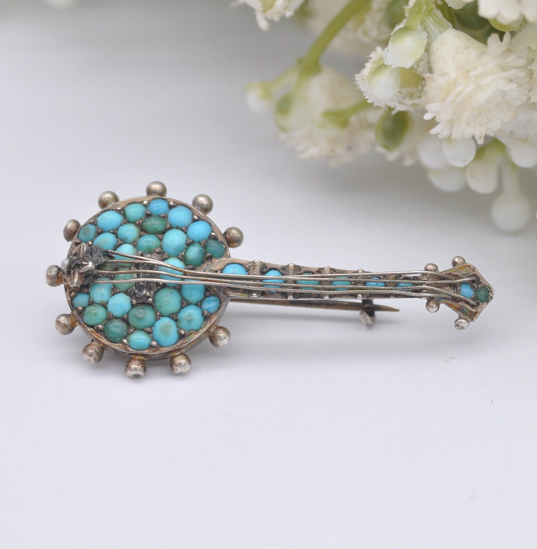 Antique Victorian Turquoise Sterling Silver Banjo Brooch with Seed Pearl - Four Strings | Victorian Novelty Musical Instrument Jewellery