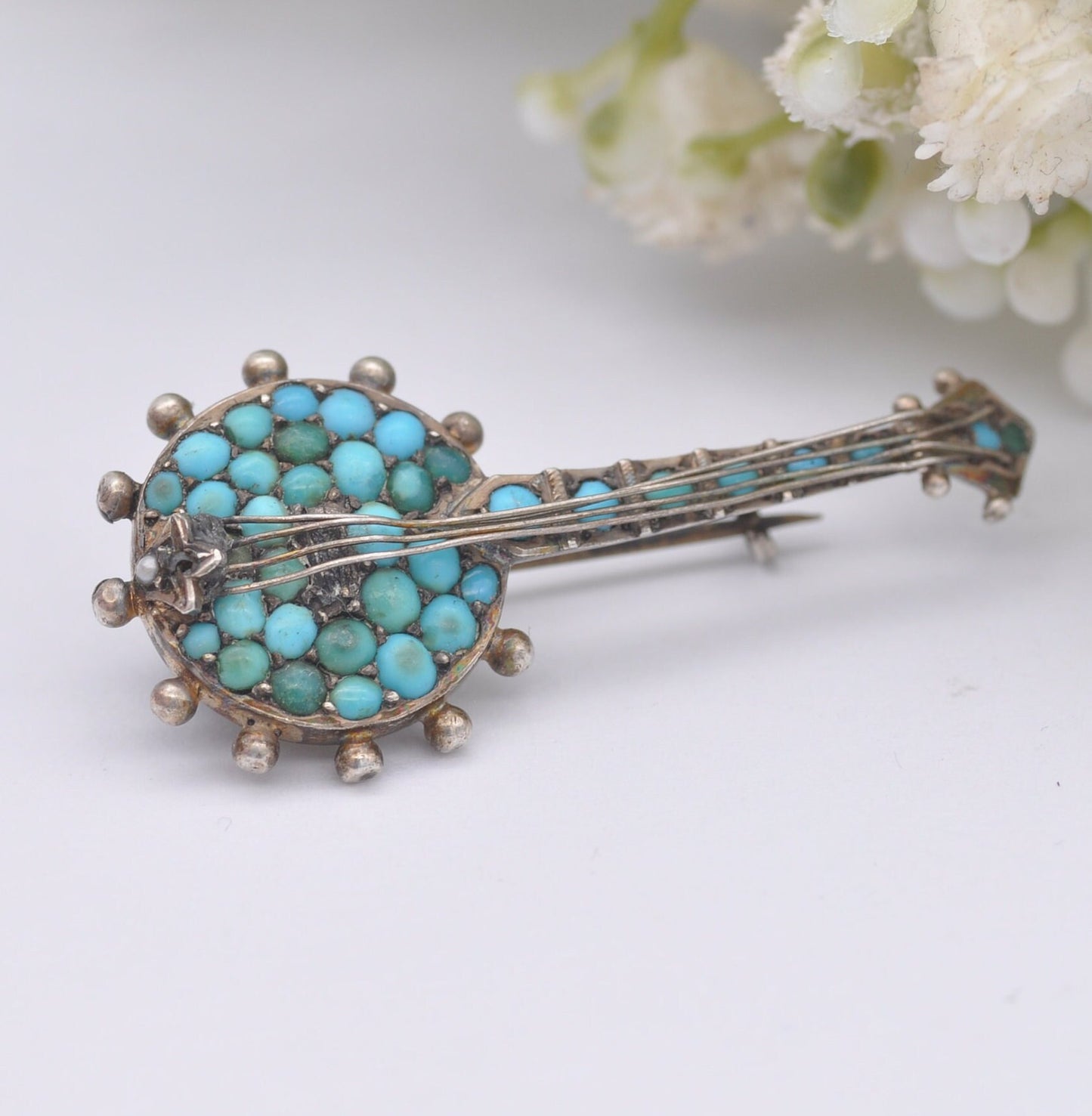 Antique Victorian Turquoise Sterling Silver Banjo Brooch with Seed Pearl - Four Strings | Victorian Novelty Musical Instrument Jewellery