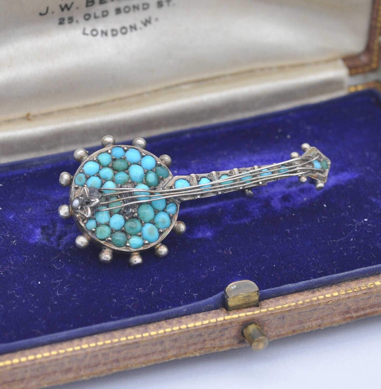 Antique Victorian Turquoise Sterling Silver Banjo Brooch with Seed Pearl - Four Strings | Victorian Novelty Musical Instrument Jewellery