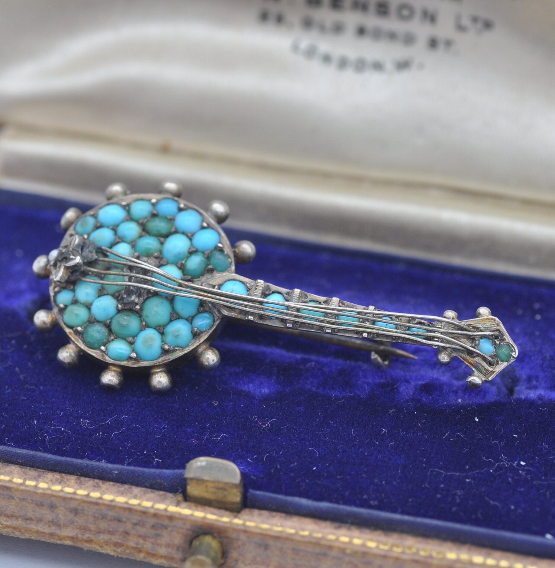 Antique Victorian Turquoise Sterling Silver Banjo Brooch with Seed Pearl - Four Strings | Victorian Novelty Musical Instrument Jewellery