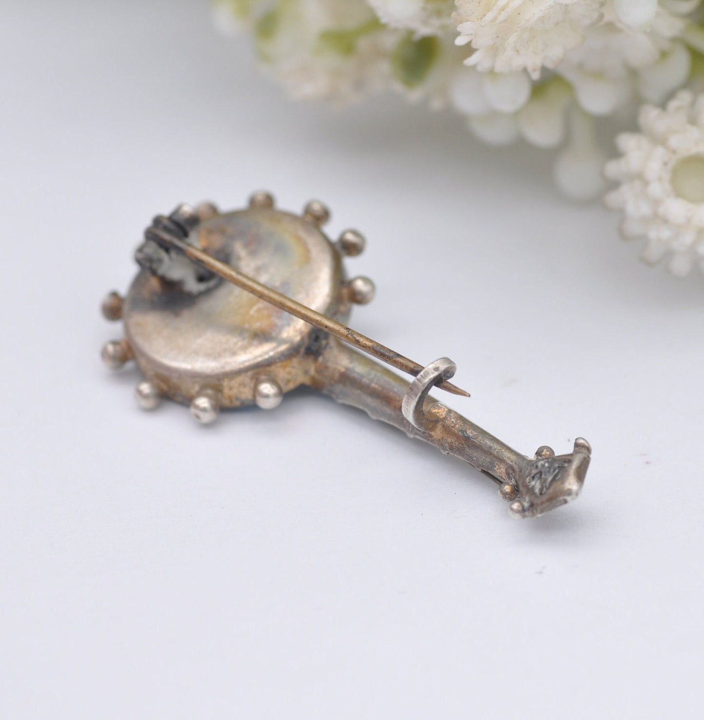 Antique Victorian Turquoise Sterling Silver Banjo Brooch with Seed Pearl - Four Strings | Victorian Novelty Musical Instrument Jewellery