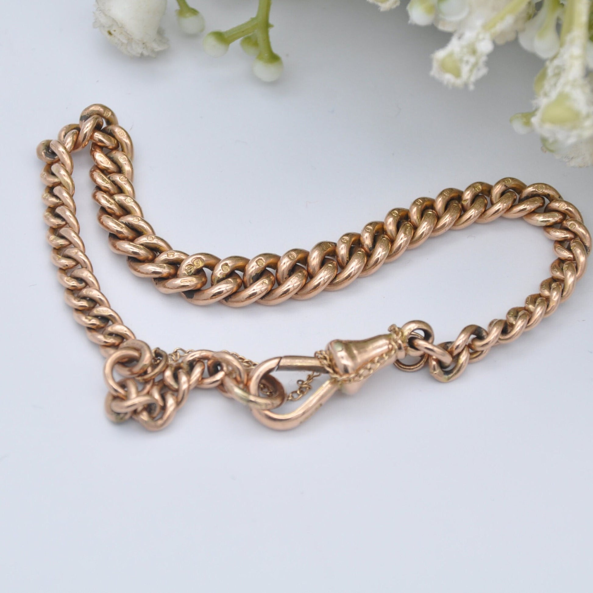 Antique 9ct Gold Curb Link Chain Bracelet with Dog Clip and Safety Chain - Graduating Links | 18cm to 21cm