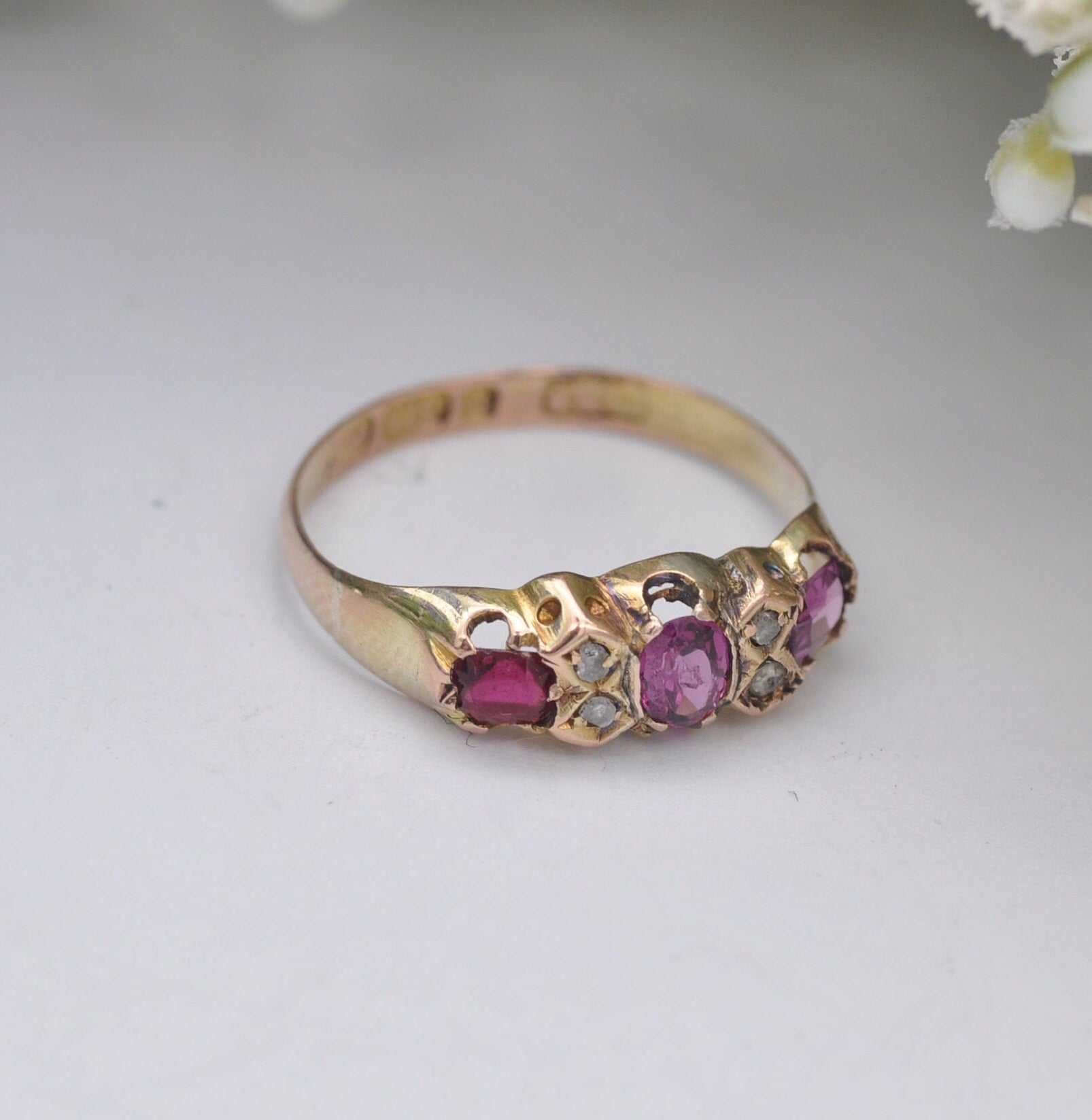 Antique 9ct Gold Amethyst Diamond Gypsy Ring - Three Stone Ring | UK Size - N 1/2 | US Size - 7